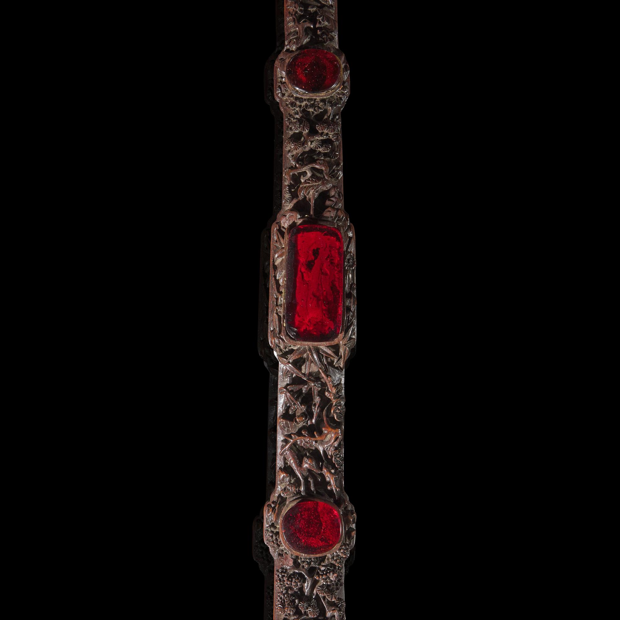 A Chinese Amber Glass-Inset Carved Wood Ruyi Scepter and Stand, with Three Photo Albums, Late 19th-Early 20th Century — 清晚期 紅木雕花三鑲琥珀料如意及相冊三簿