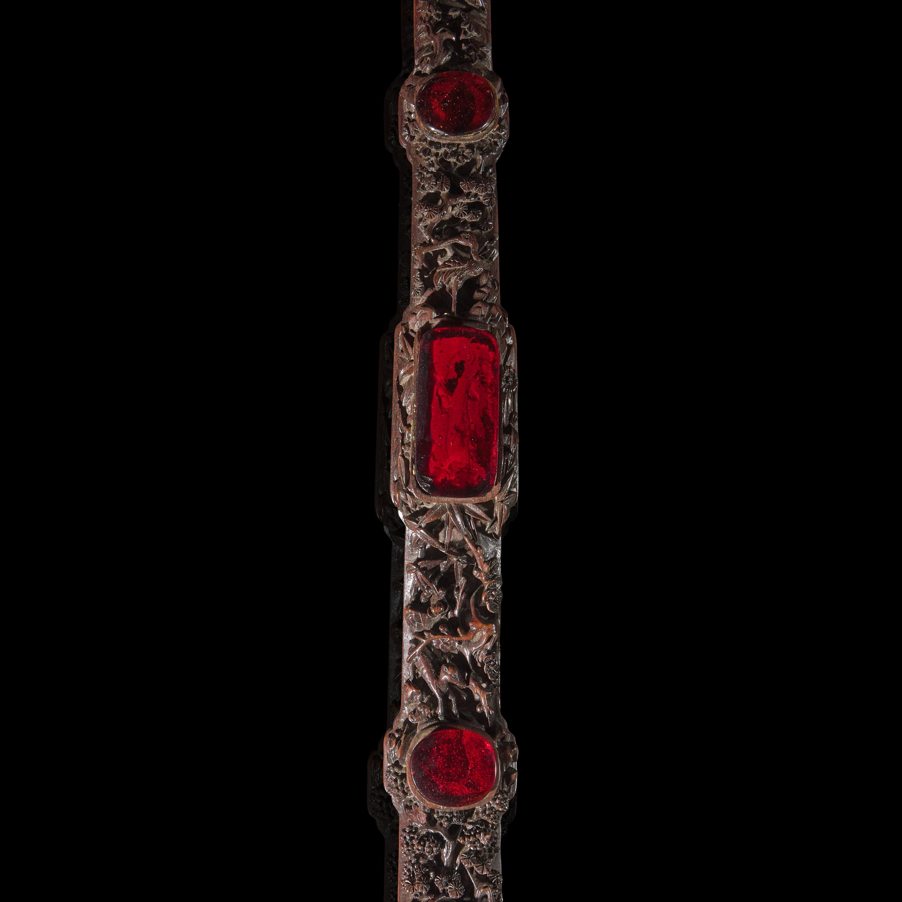 A Chinese Amber Glass-Inset Carved Wood Ruyi Scepter and Stand, with Three Photo Albums, Late 19th-Early 20th Century — 清晚期 紅木雕花三鑲琥珀料如意及相冊三簿