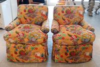 A Pair of Floral Upholstered Armchairs Height 30 inches.