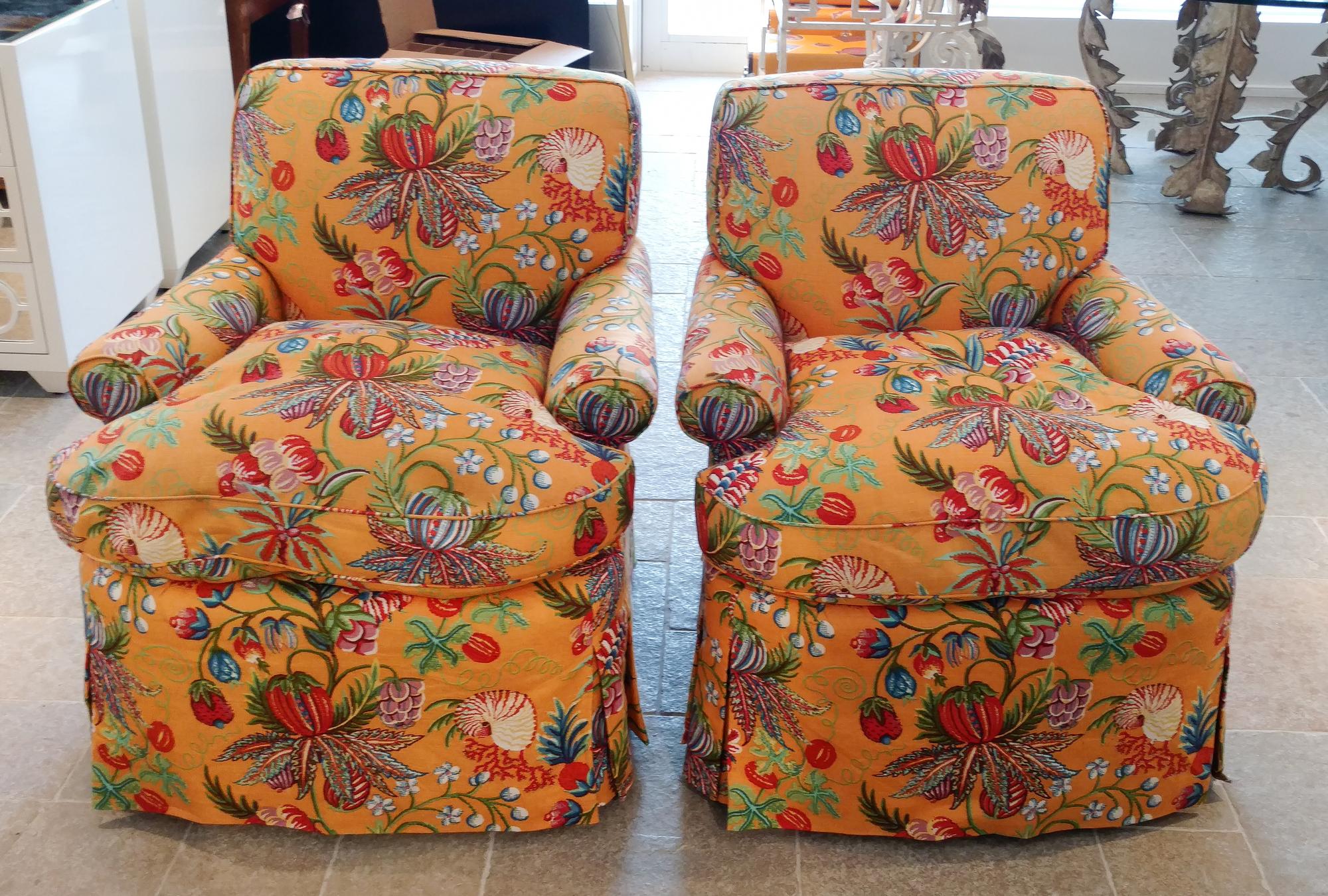 A Pair of Floral Upholstered Armchairs Height 30 inches.
