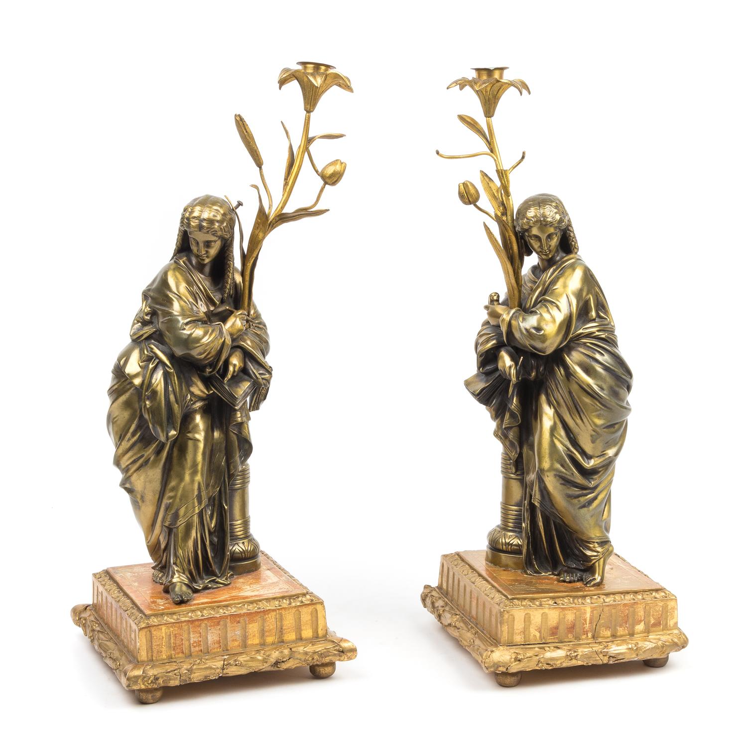 A Pair of Continental Gilt Bronze Figural Candlesticks Height 20 inches. — LATE 19TH CENTURY