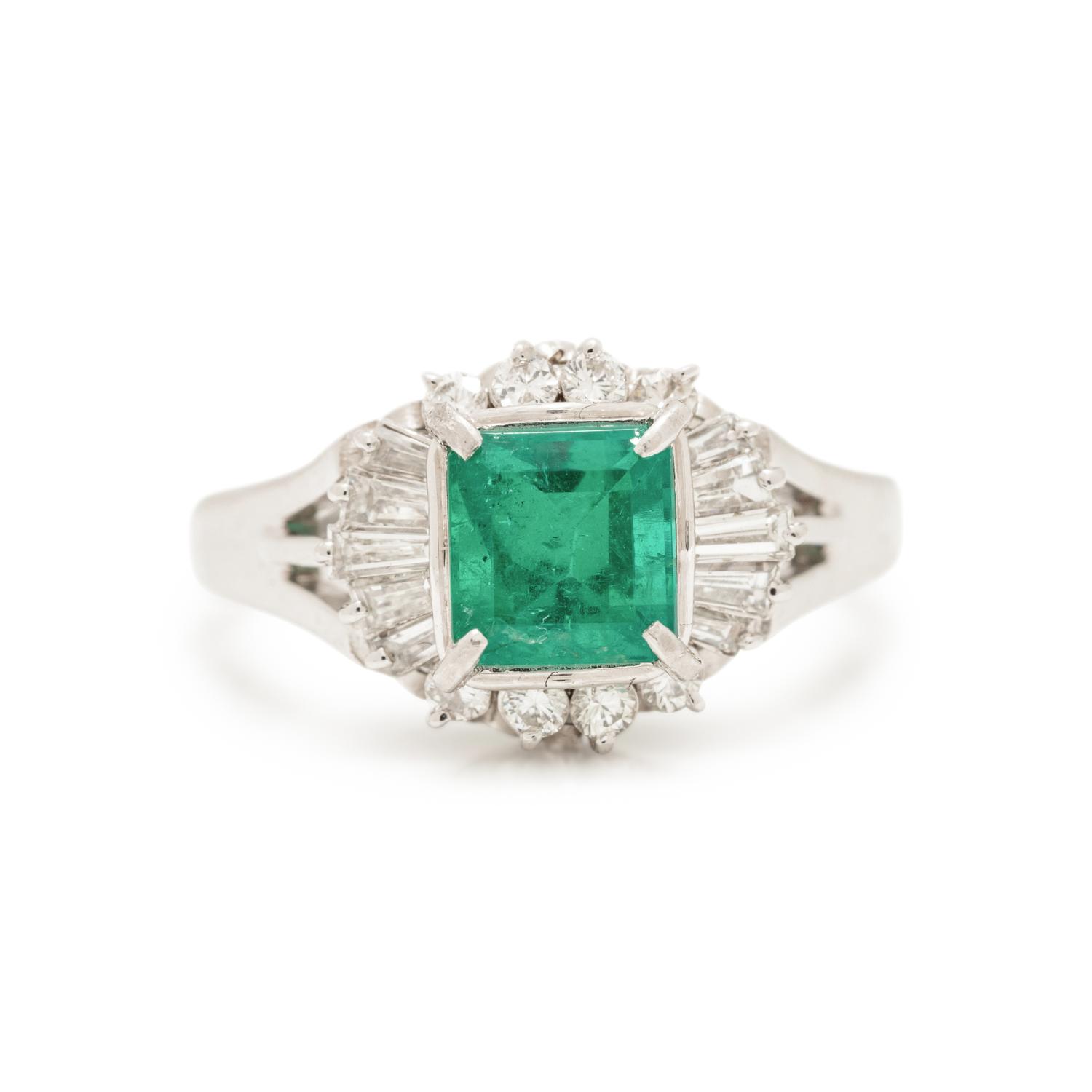 PLATINUM, EMERALD, AND DIAMOND RING