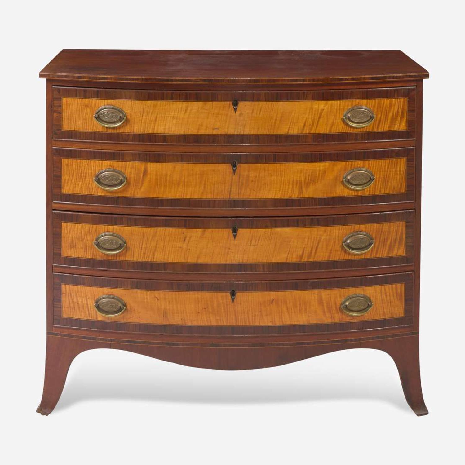A Federal bowfront inlaid mahogany and tiger maple chest of drawers Probably Portsmouth, NH, circa 1800