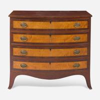 A Federal bowfront inlaid mahogany and tiger maple chest of drawers Probably Portsmouth, NH, circa 1800