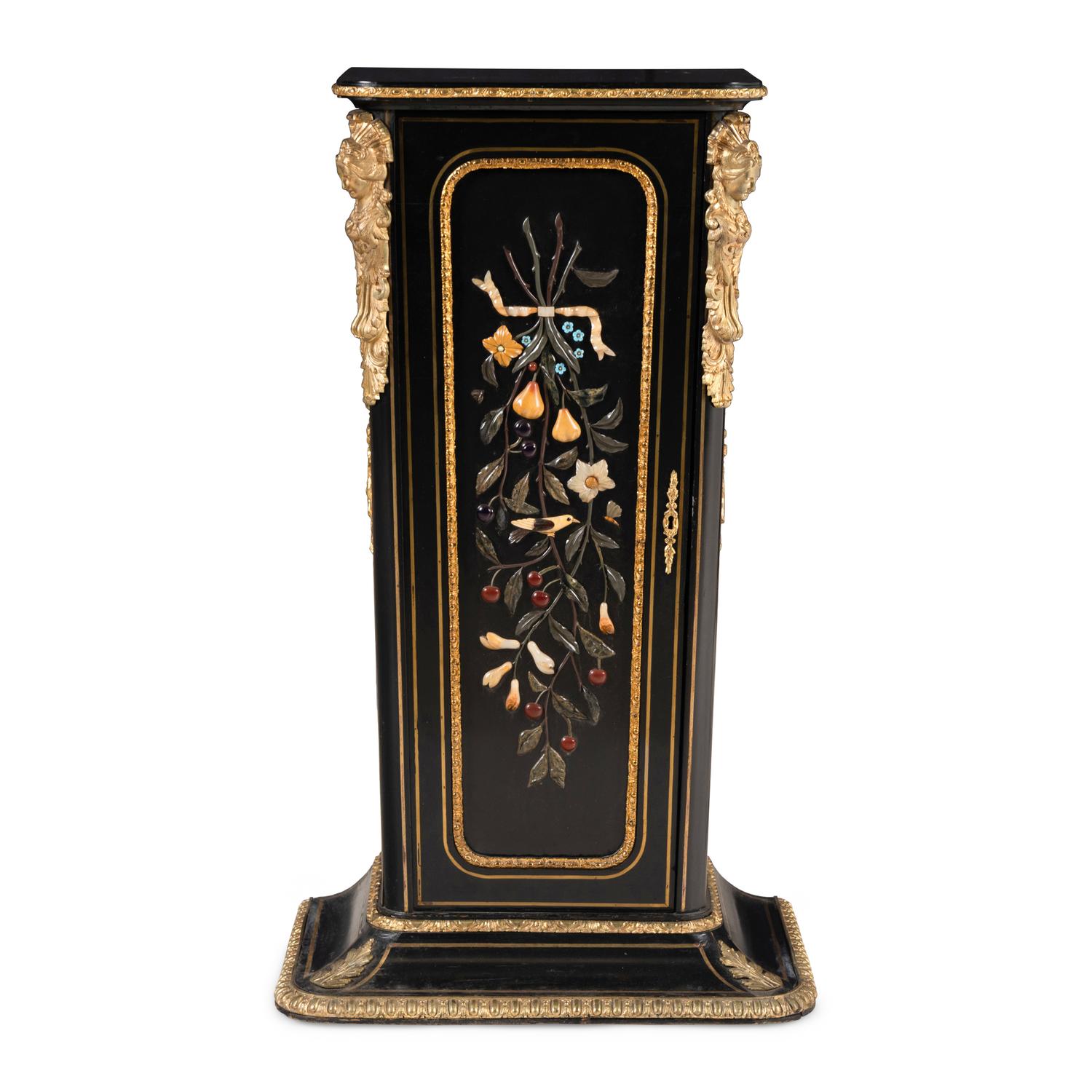 A Napoleon III Style Ebonized, Hardstone-Inset and Gilt Bronze Mounted Pedestal Cabinet