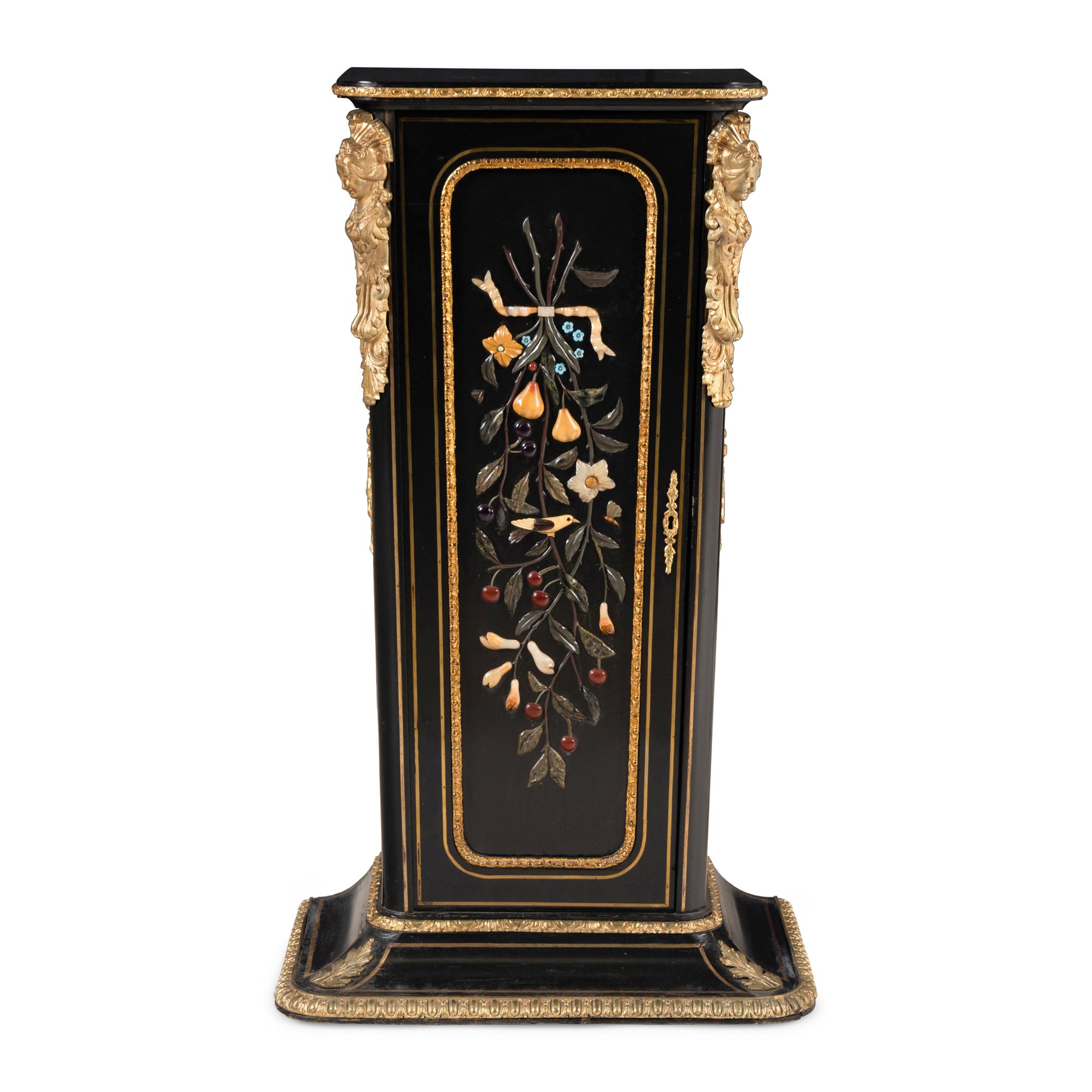 A Napoleon III Style Ebonized, Hardstone-Inset and Gilt Bronze Mounted Pedestal Cabinet