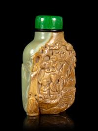 A Carved Russet and Celadon Jade Snuff Bottle