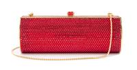 A Judith Leiber Ruby Red Crystal Oblong Clutch, 6.5" x 3" x 2".