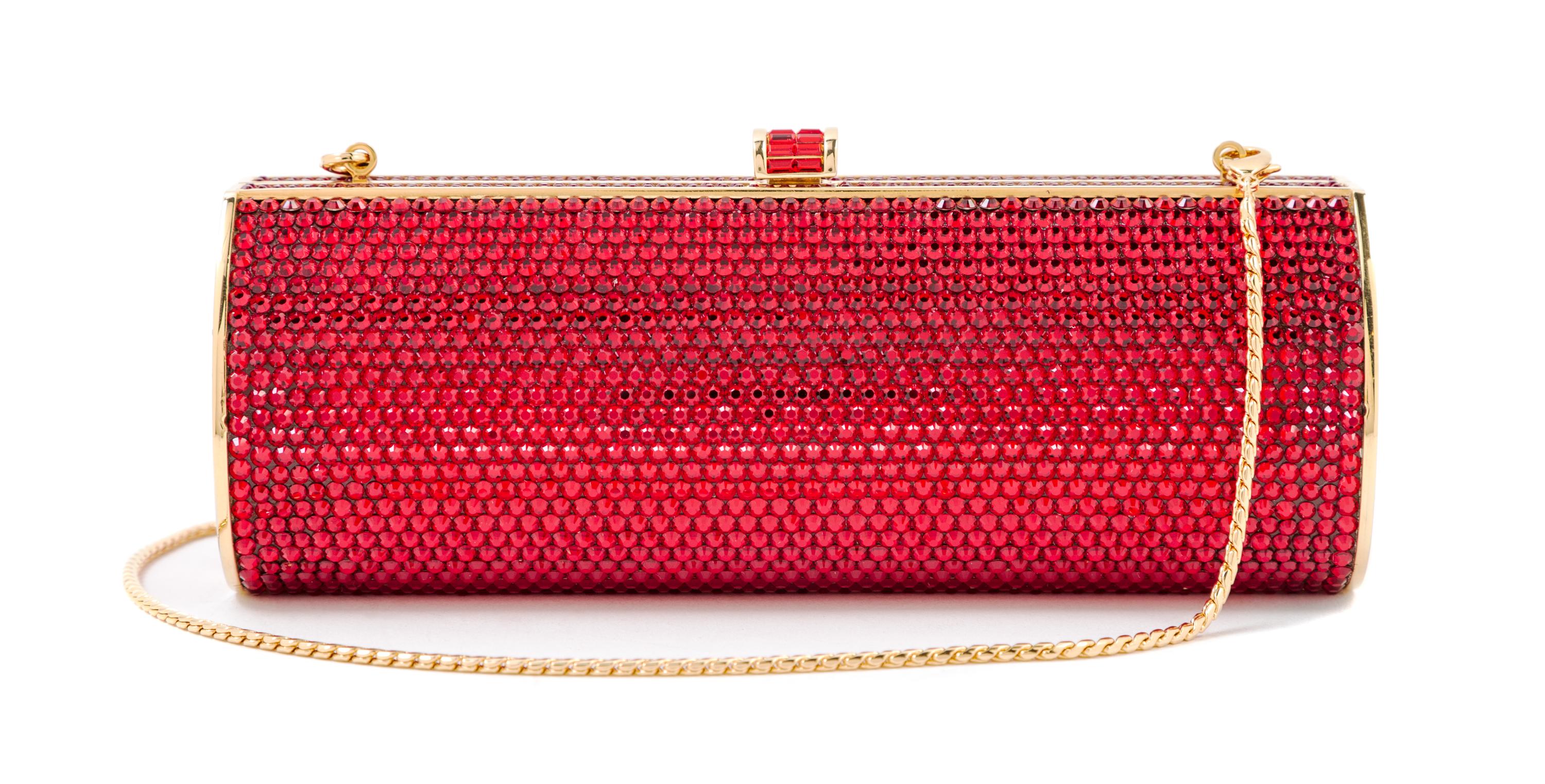 A Judith Leiber Ruby Red Crystal Oblong Clutch, 6.5" x 3" x 2".