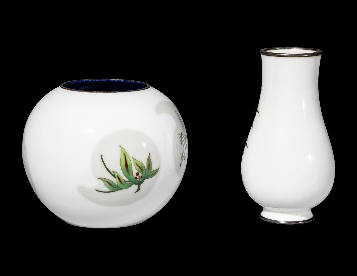 Two Japanese White Ground Cloisonné Enamel Vases