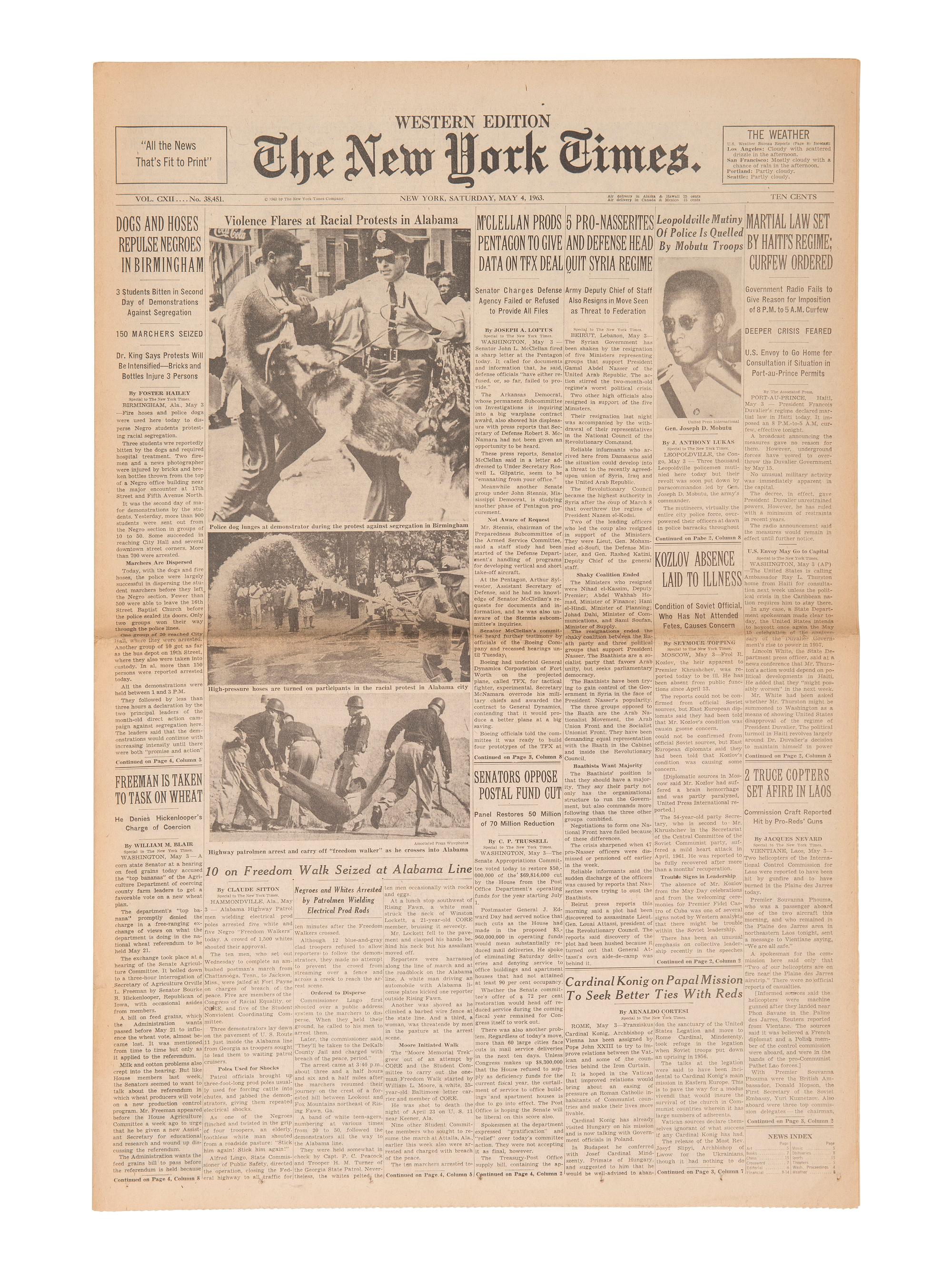 [CIVIL RIGHTS]. New York Times . 5 issues featuring headlines covering milestones of the 1950s-1960s.