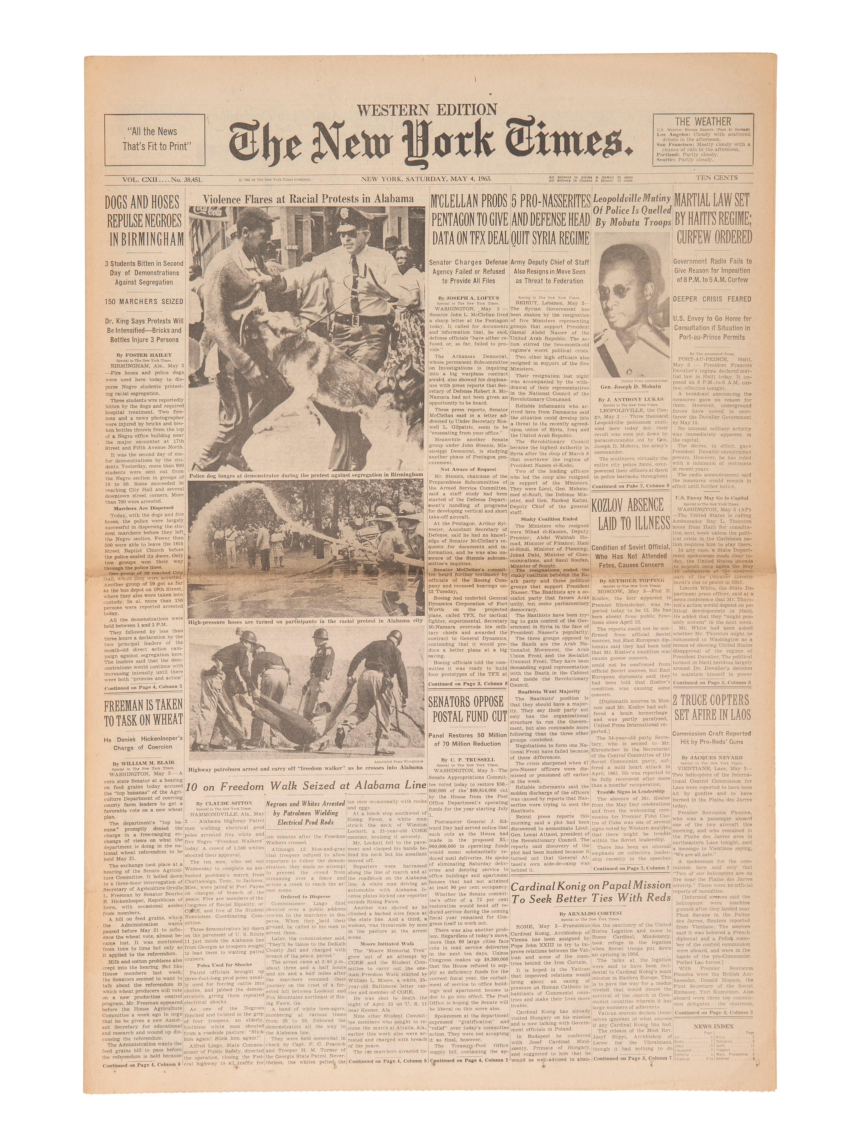 [CIVIL RIGHTS]. New York Times . 5 issues featuring headlines covering milestones of the 1950s-1960s.