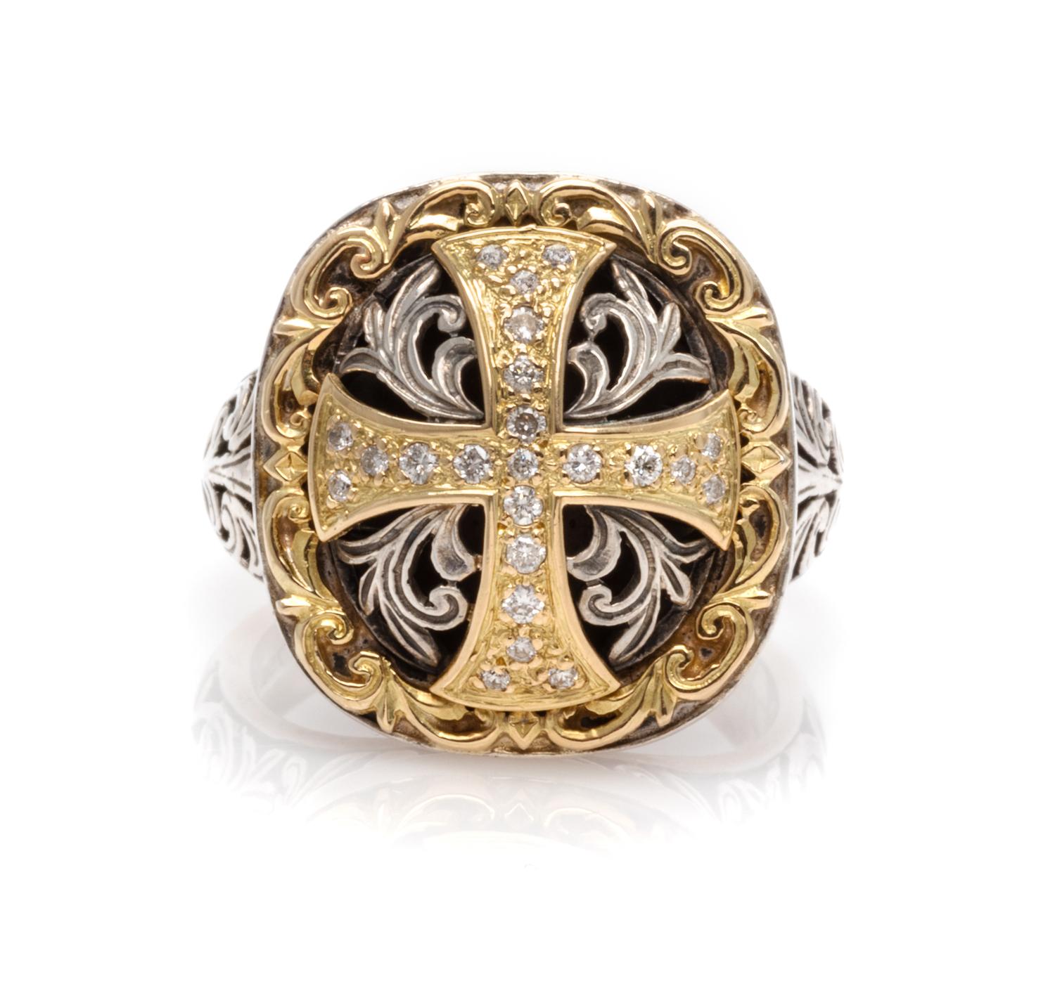 A Sterling Silver and 18 Karat Yellow Gold 'Diamond Classics' Cross Ring, Konstantino, 12.50 dwts.