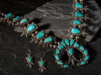 Silver and Turquoise Squash Blossom Necklace AND Matching Hook Earrings