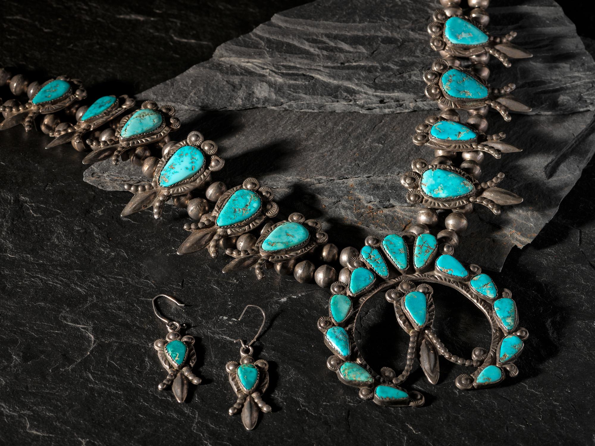 Silver and Turquoise Squash Blossom Necklace AND Matching Hook Earrings