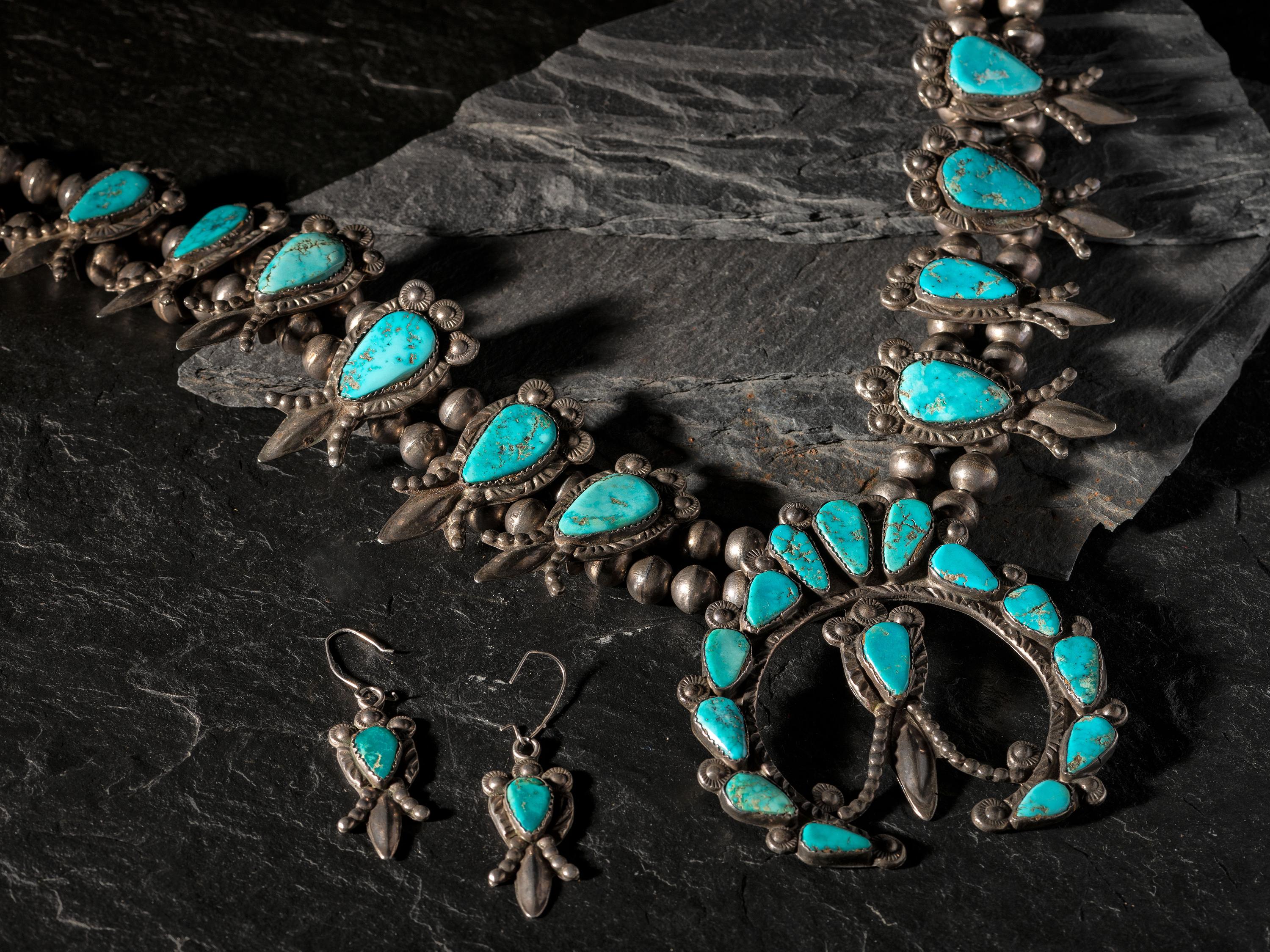Silver and Turquoise Squash Blossom Necklace AND Matching Hook Earrings