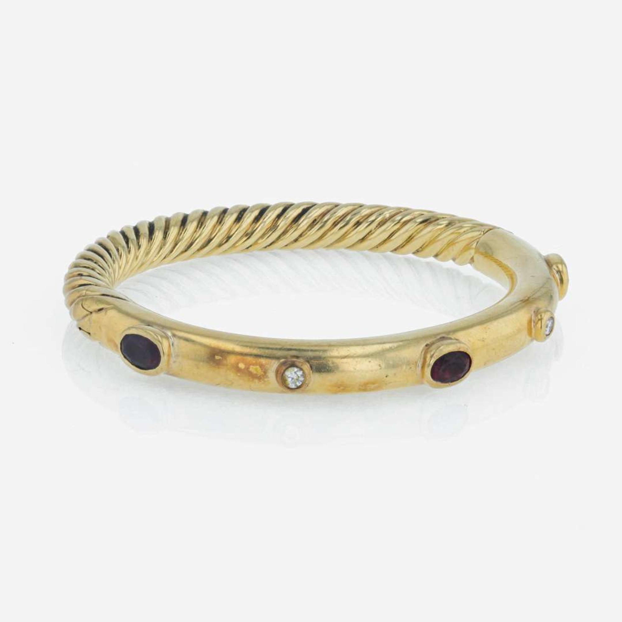 An 18K yellow gold, pink tourmaline, and diamond bangle, David Yurman