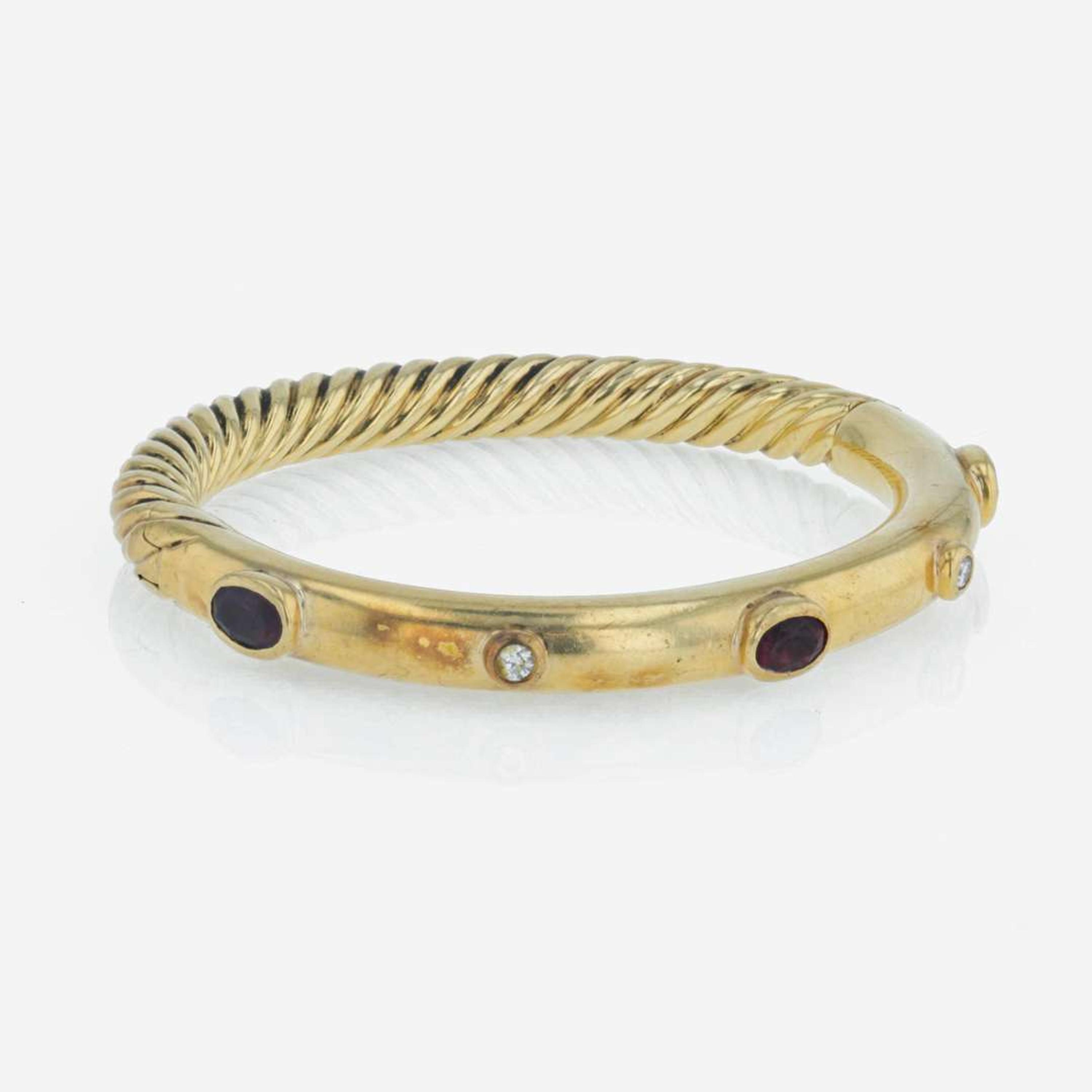 An 18K yellow gold, pink tourmaline, and diamond bangle, David Yurman