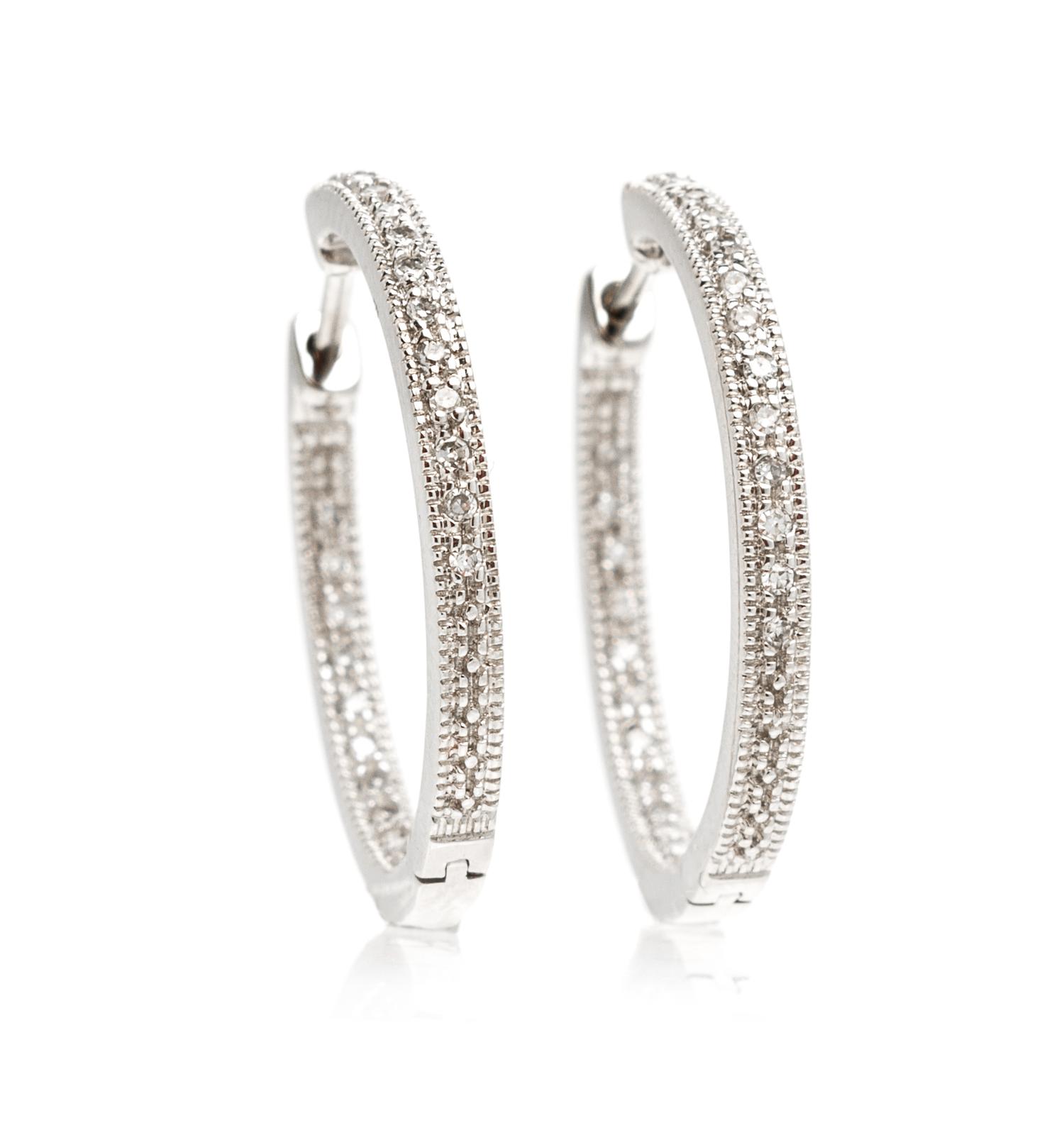 A Pair of 14 Karat White Gold and Diamond Inside Out Hoop Earrings, 3.20 dwts.