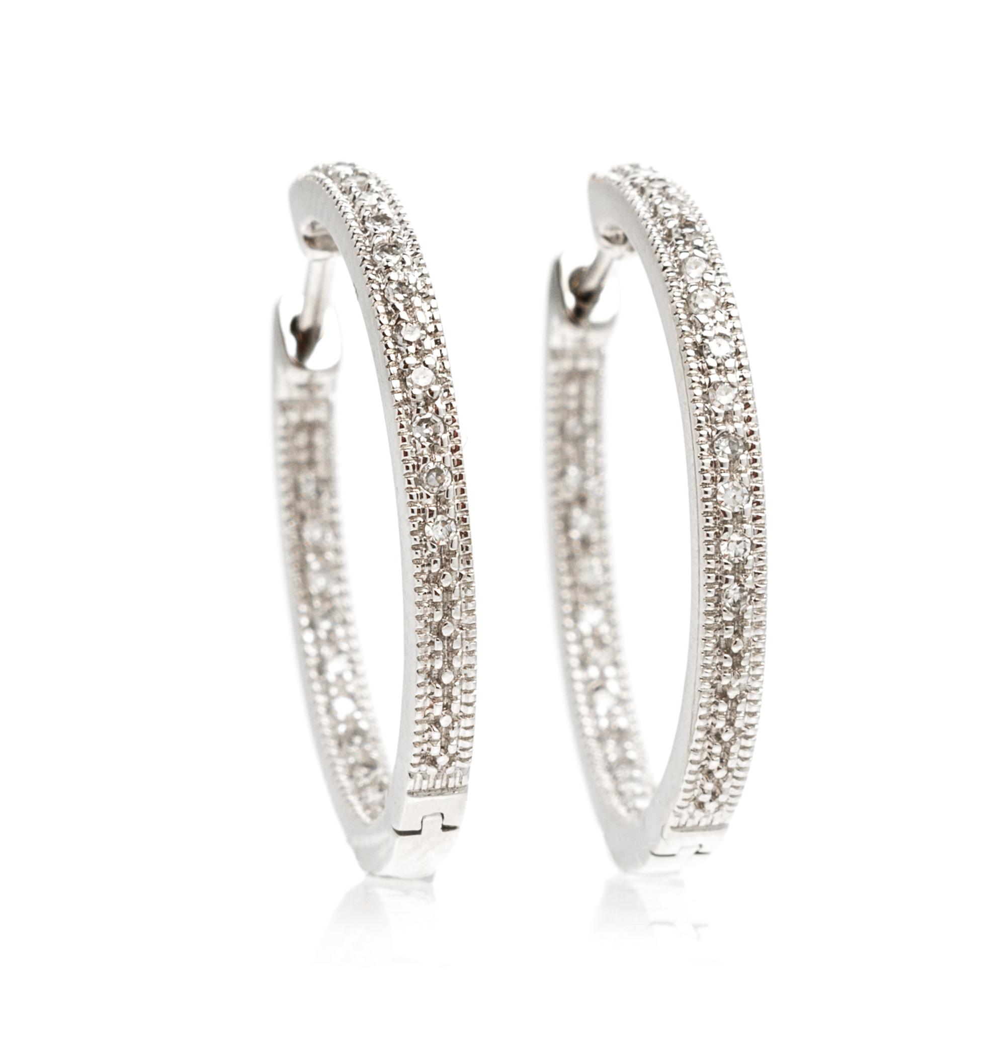 A Pair of 14 Karat White Gold and Diamond Inside Out Hoop Earrings, 3.20 dwts.
