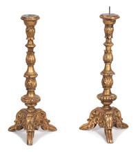 A Pair of Italian Rococo Style Carved Giltwood Pricket Candlesticks Height 33 1/2 inches. — 19TH CENTURY