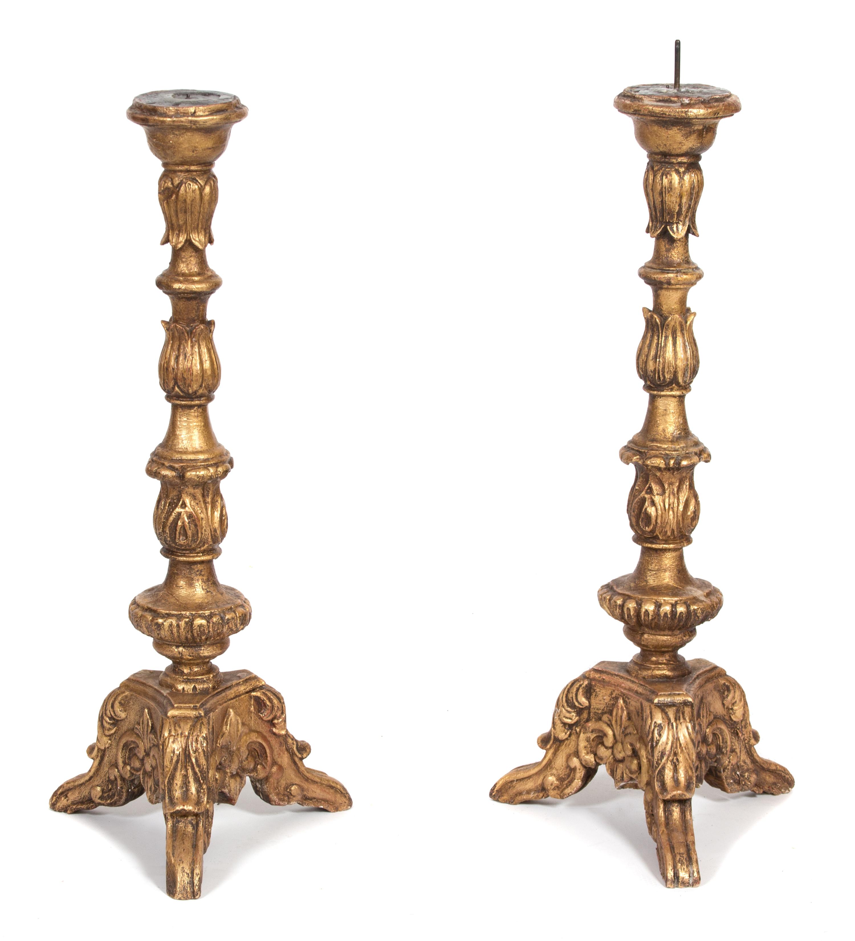 A Pair of Italian Rococo Style Carved Giltwood Pricket Candlesticks Height 33 1/2 inches. — 19TH CENTURY