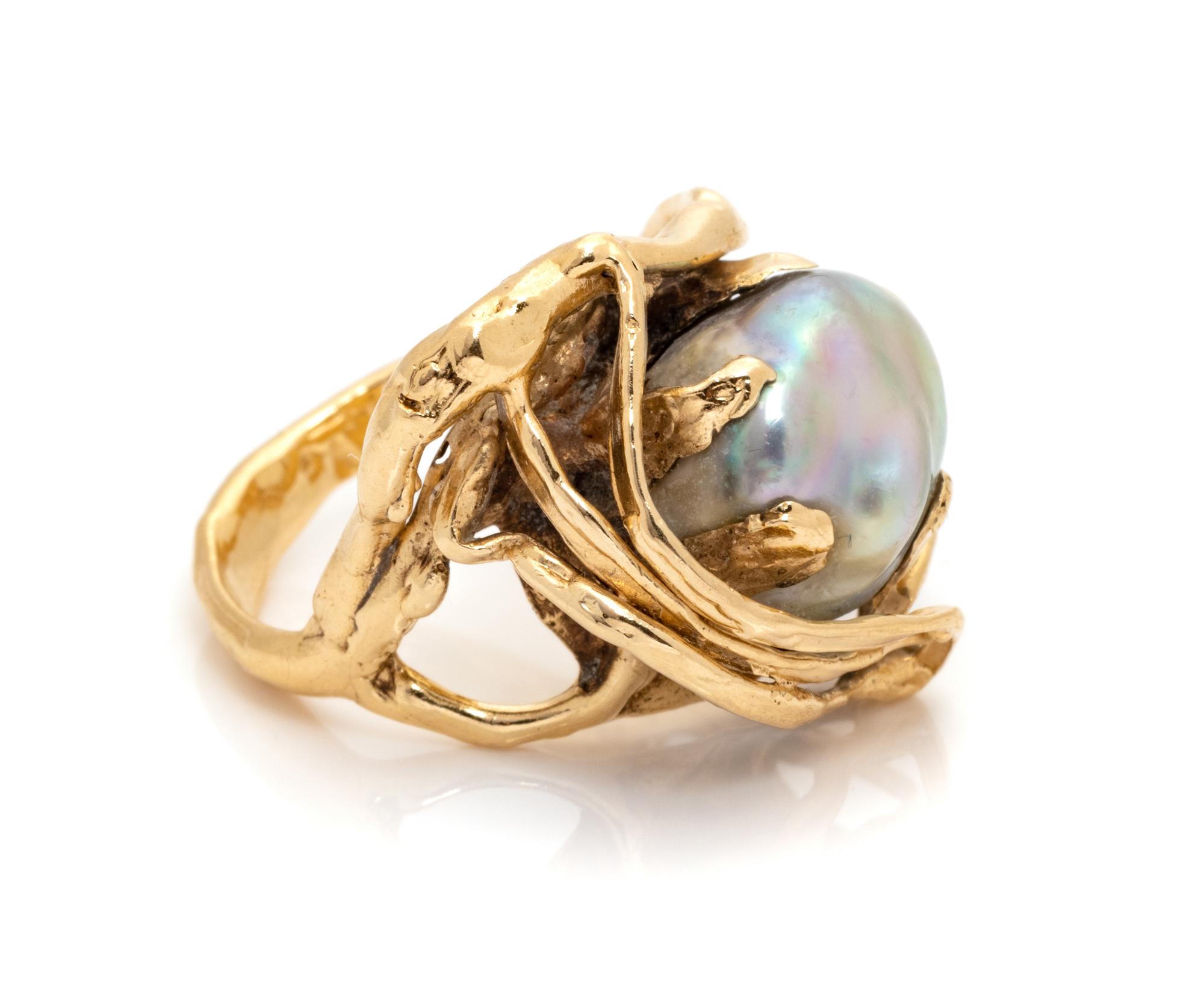 A Yellow Gold and Cultured Baroque Pearl Ring,