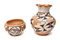 Two Acoma Polychrome Vessels, Height of first 9 x diameter 7 1/2 inches.