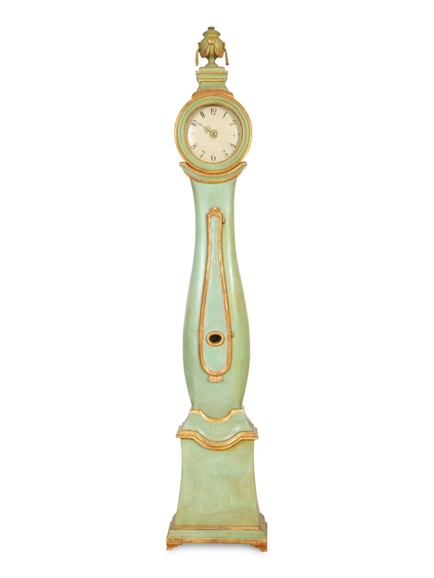 A Swedish Green Painted and Parcel Gilt Longcase Clock