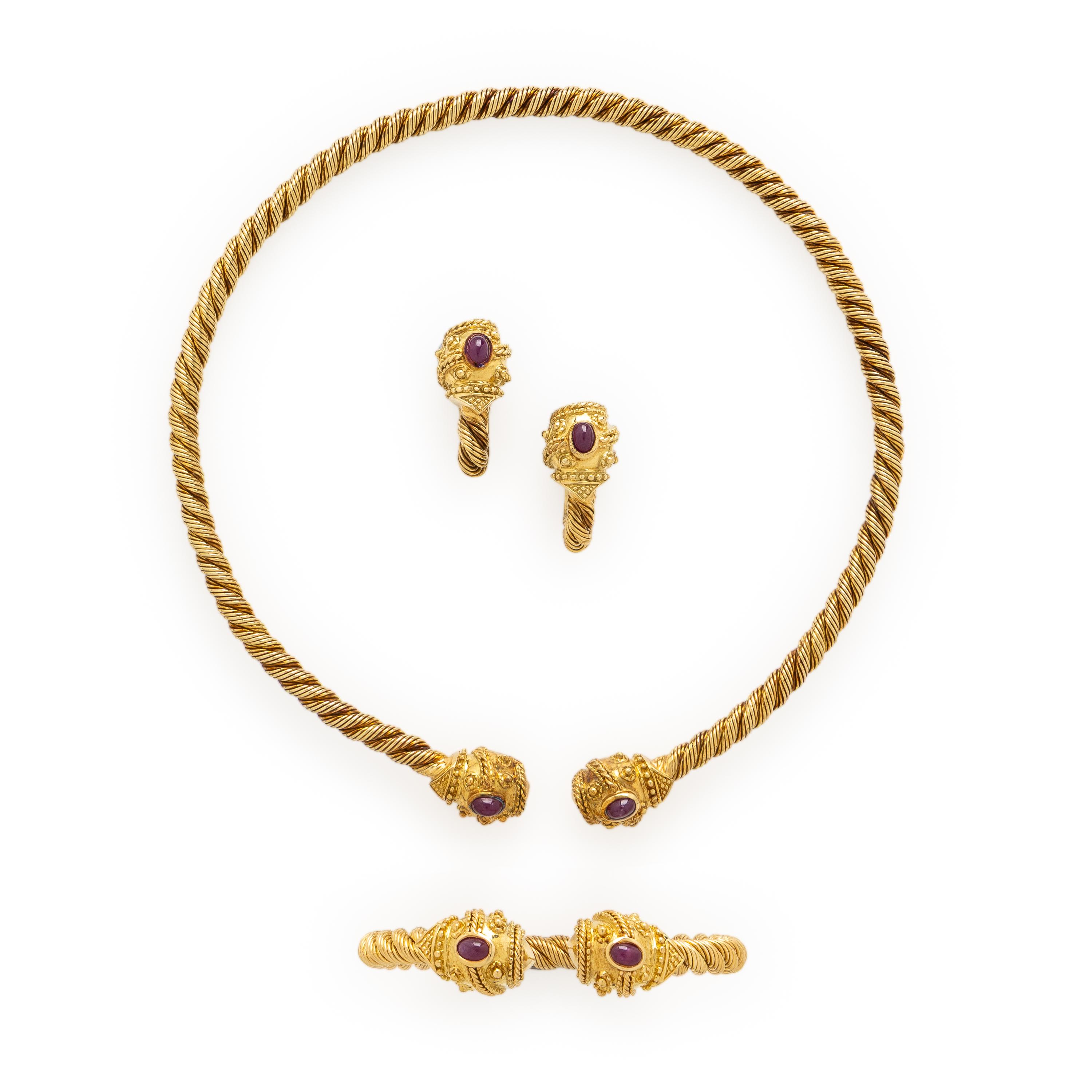 Etruscan Revival Style Ruby and Yellow Gold Jewelry Suite