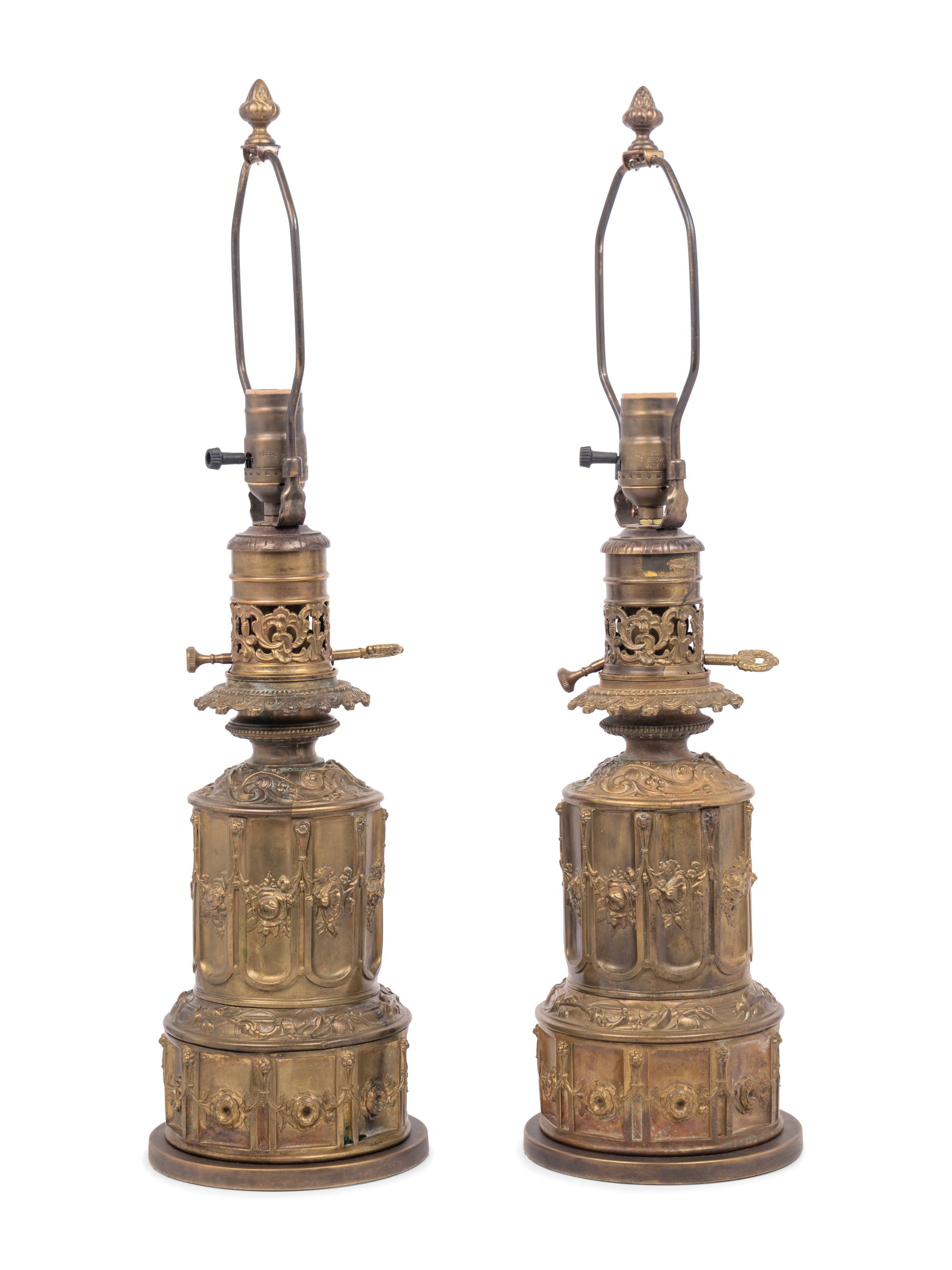 A Pair of French Gilt Metal Fluid Lamps Converted to Electricity