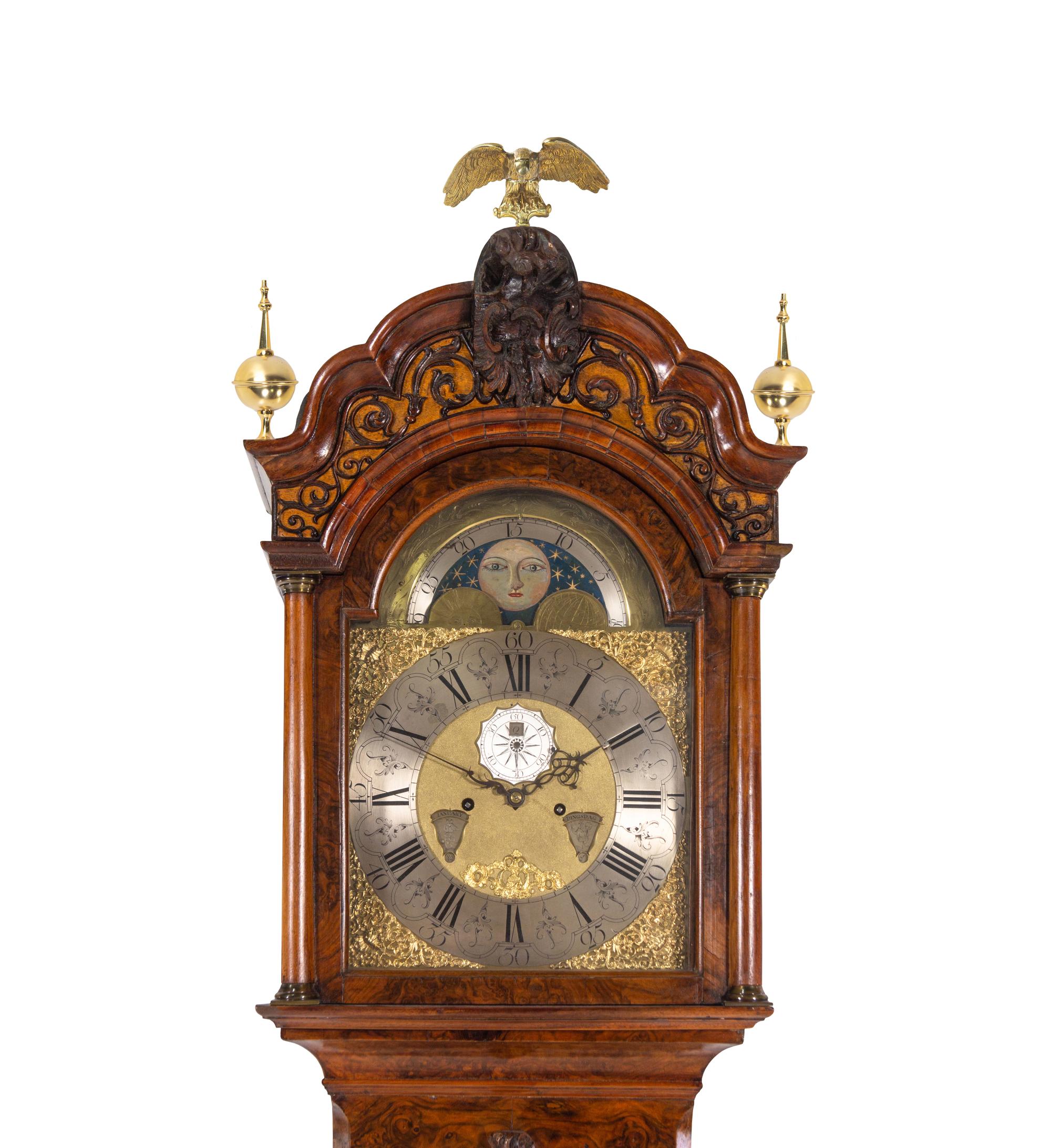 A Dutch Gilt Bronze Mounted Burl Walnut Tall Case Clock