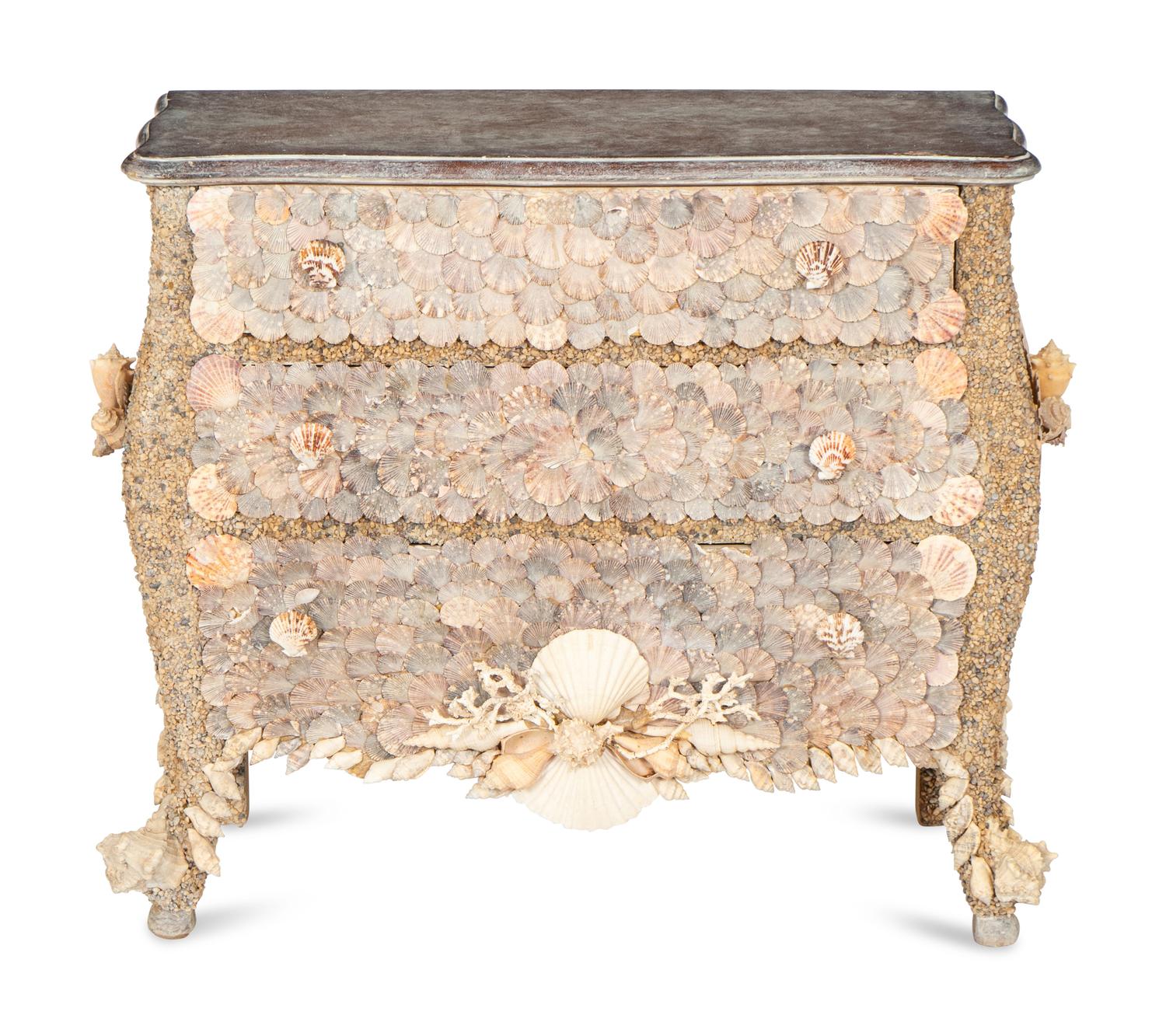 A Shellwork Encrusted-Bombe Form Commode