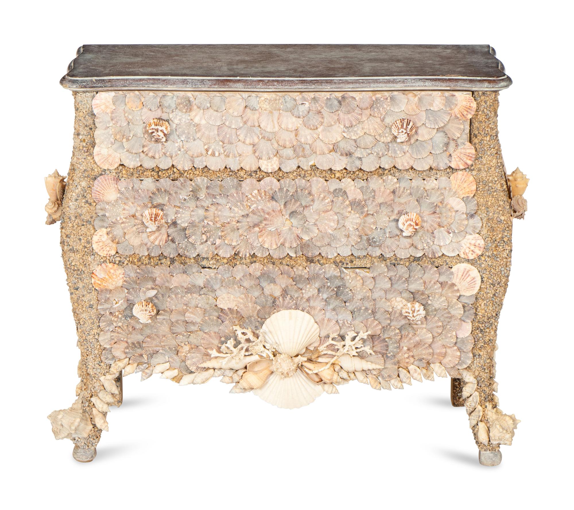 A Shellwork Encrusted-Bombe Form Commode