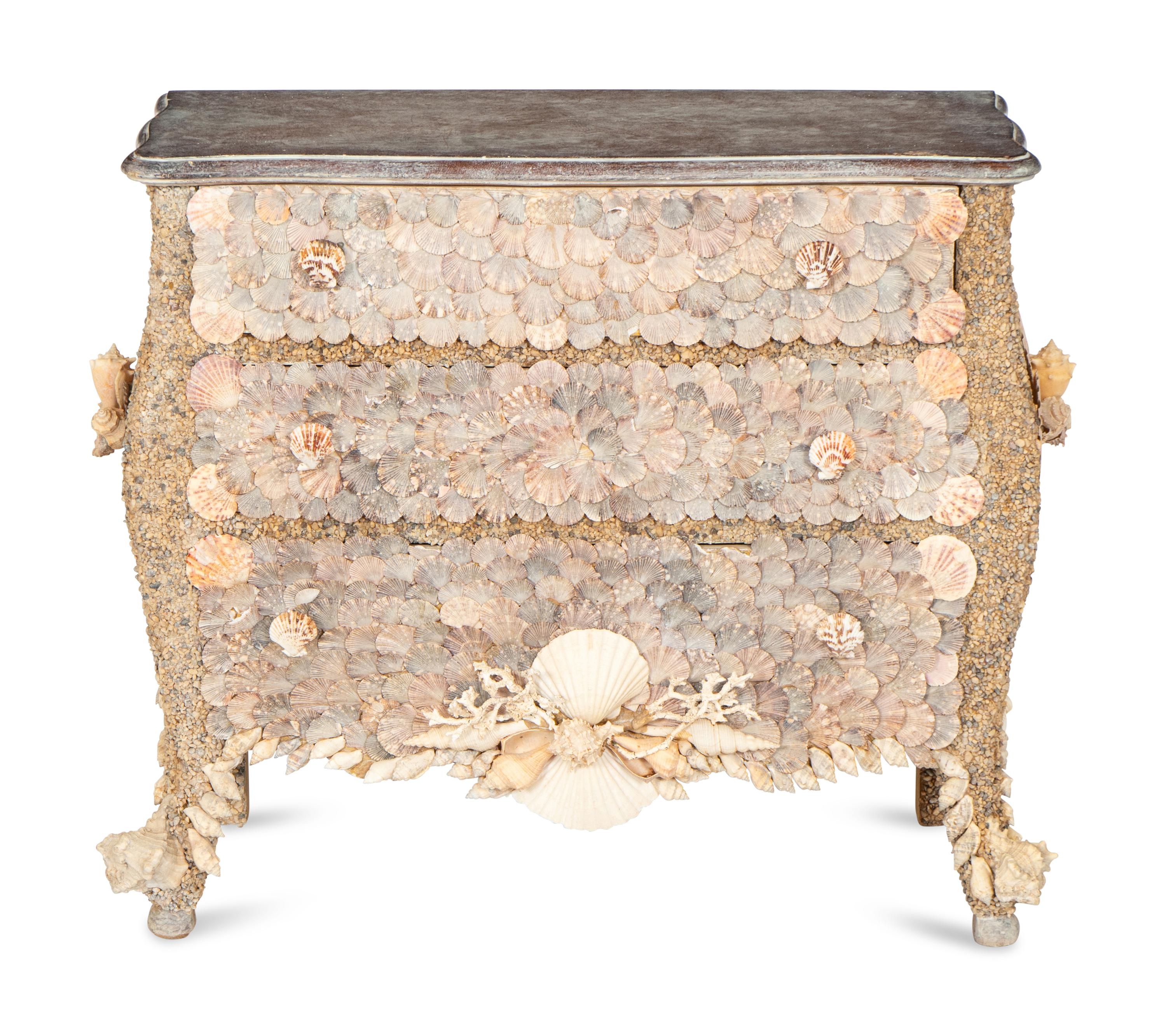A Shellwork Encrusted-Bombe Form Commode