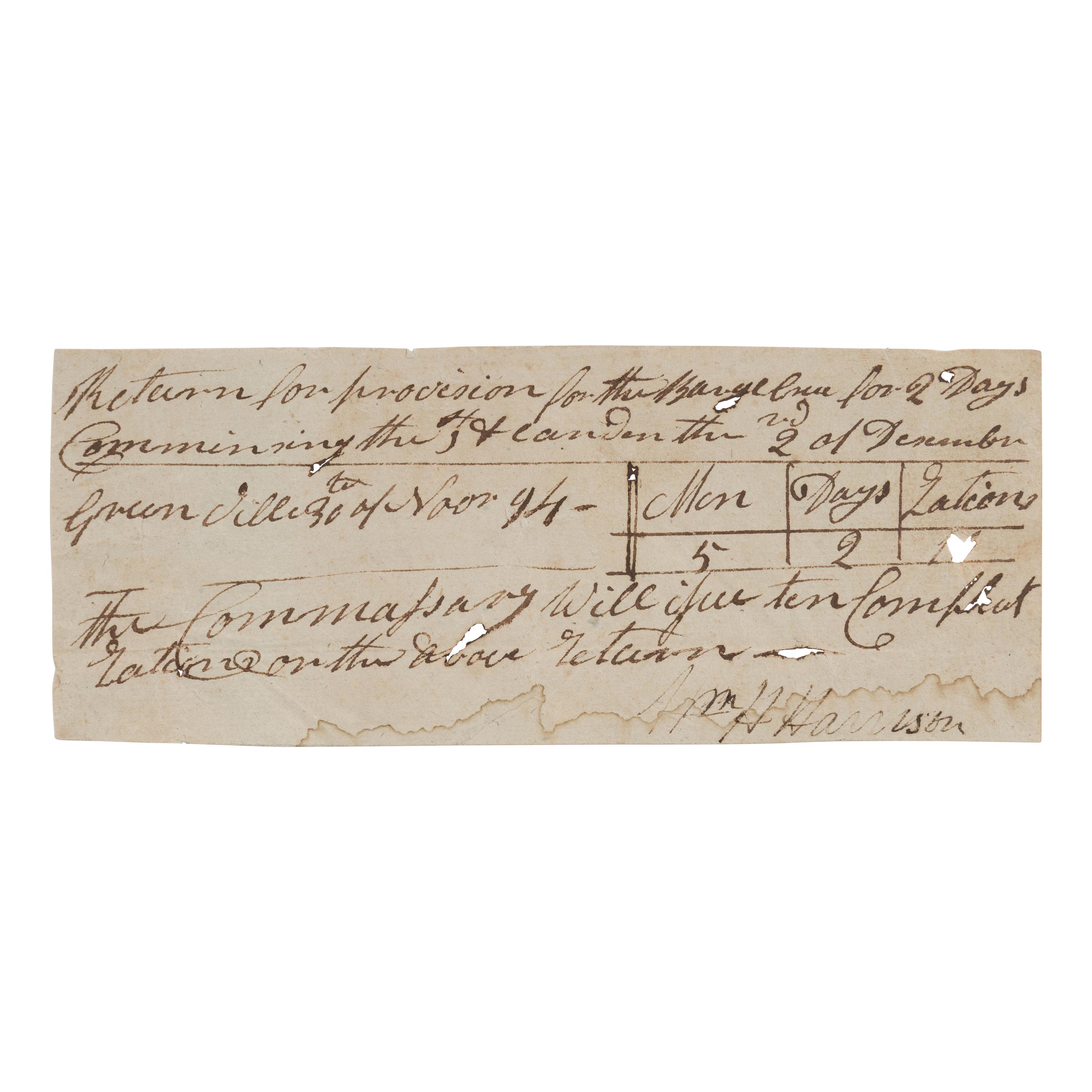 Harrison, William Henry (1773-1841). Manuscript document signed ("Wm H Harrison"), Greenville, Ohio, 2 December 1794.