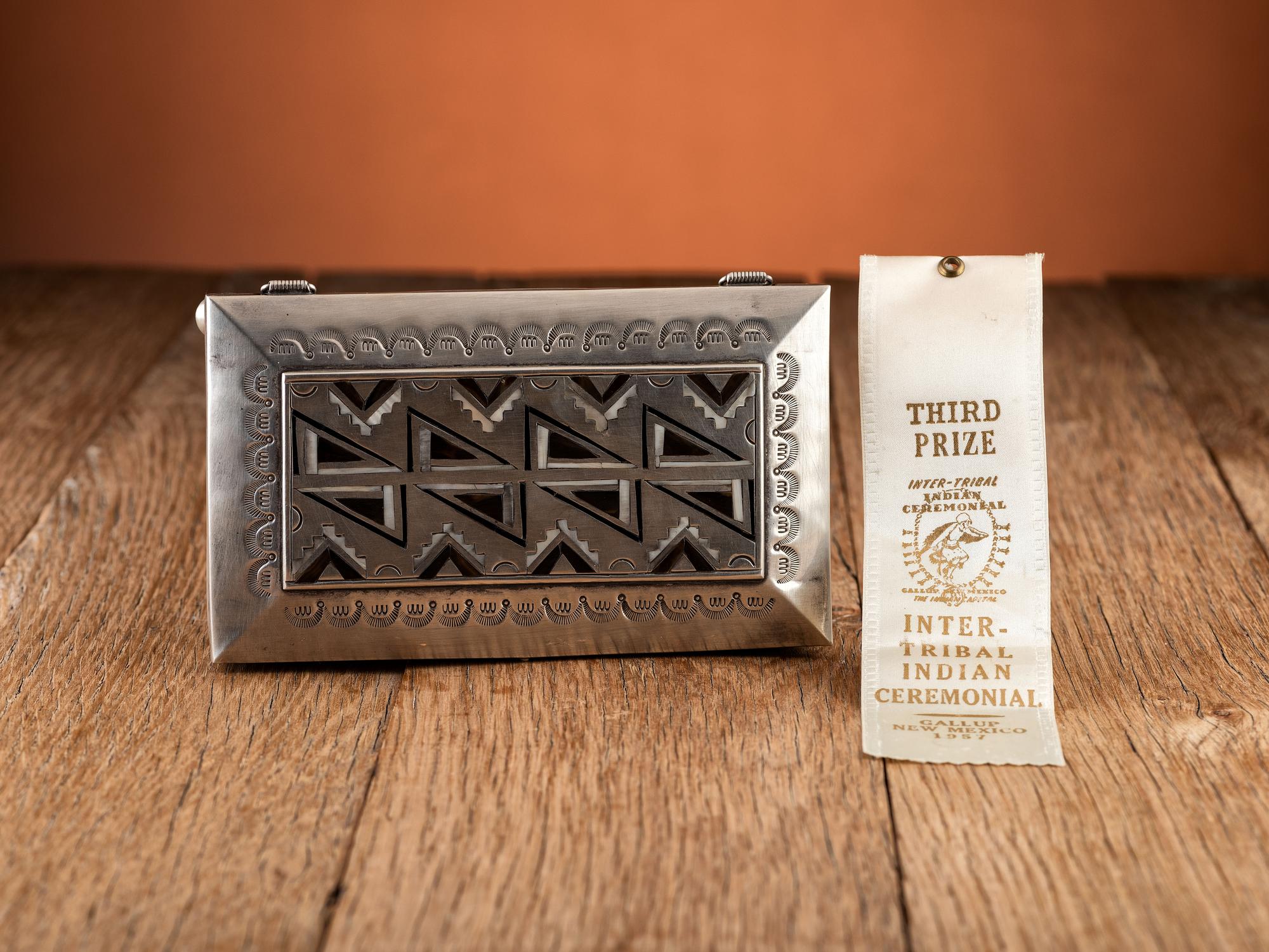 Award Winning Heavily Stamped Sterling Silver Box with Mosaic Inlay