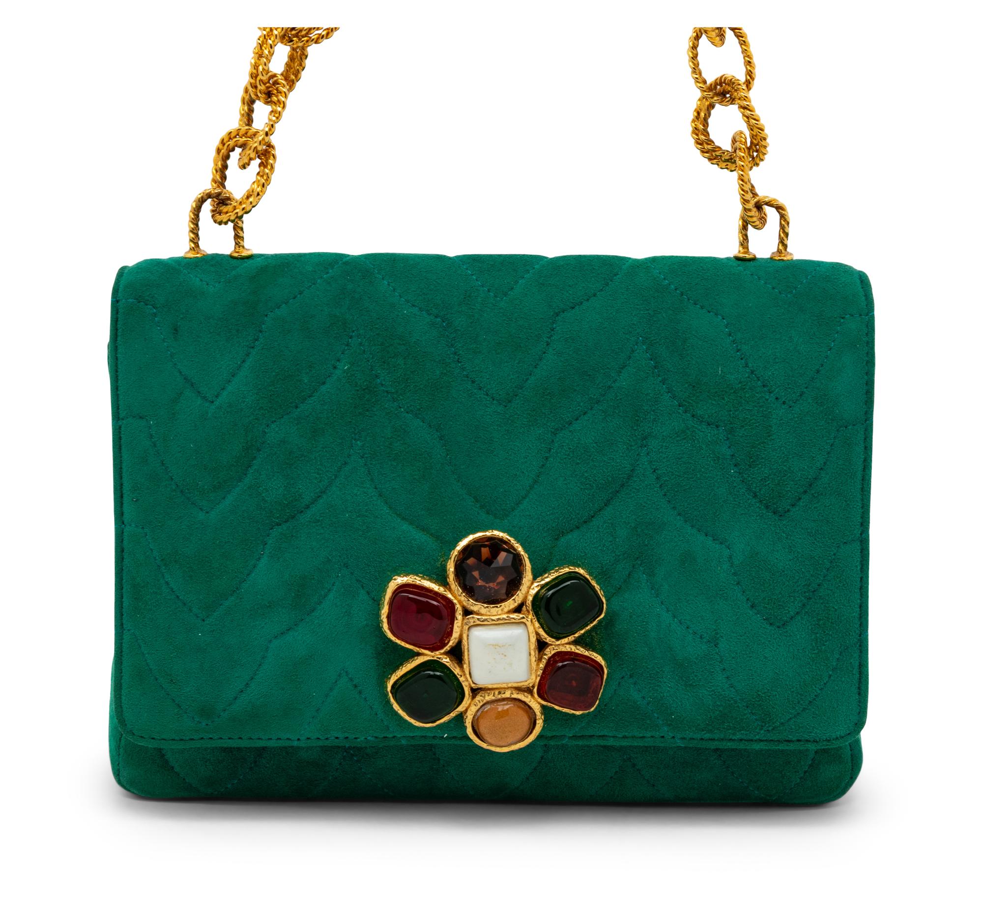 CHANEL, GREEN SUEDE GRIPOIX FLAP BAG