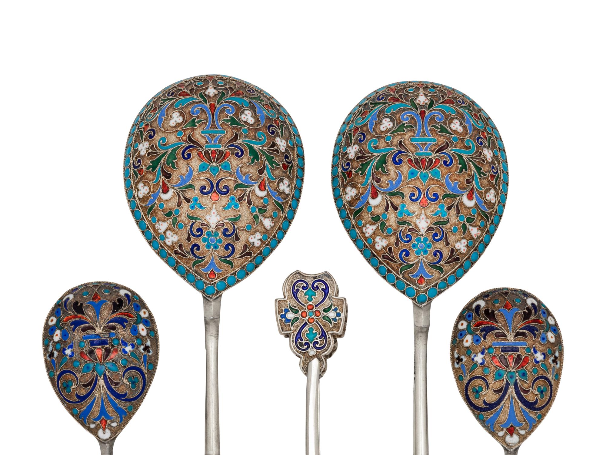 A Cased Russian Enameled Silver Spoon Set