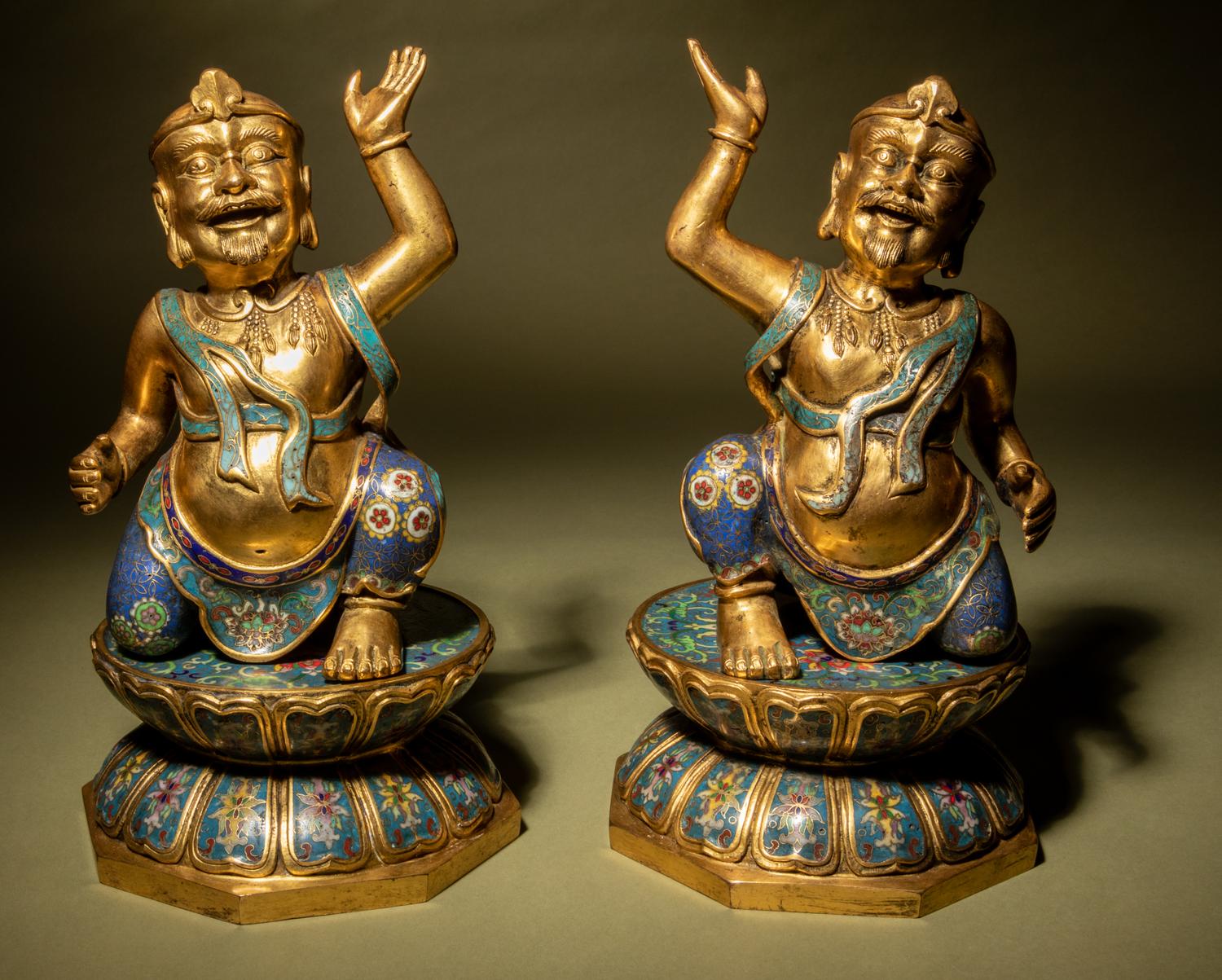 A Pair of Gilt Bronze and Cloisonné Enamel 'Foreigner' Stands