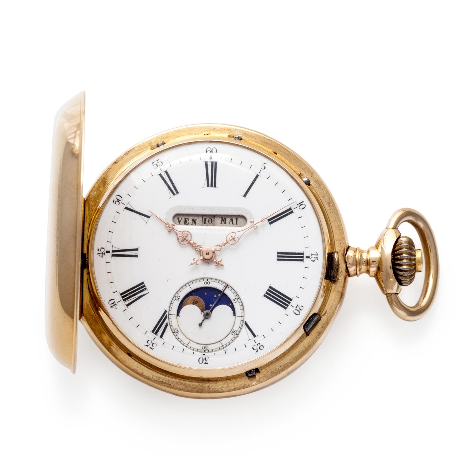 14K YELLOW GOLD MOON PHASE CALENDAR HUNTER CASE POCKET WATCH