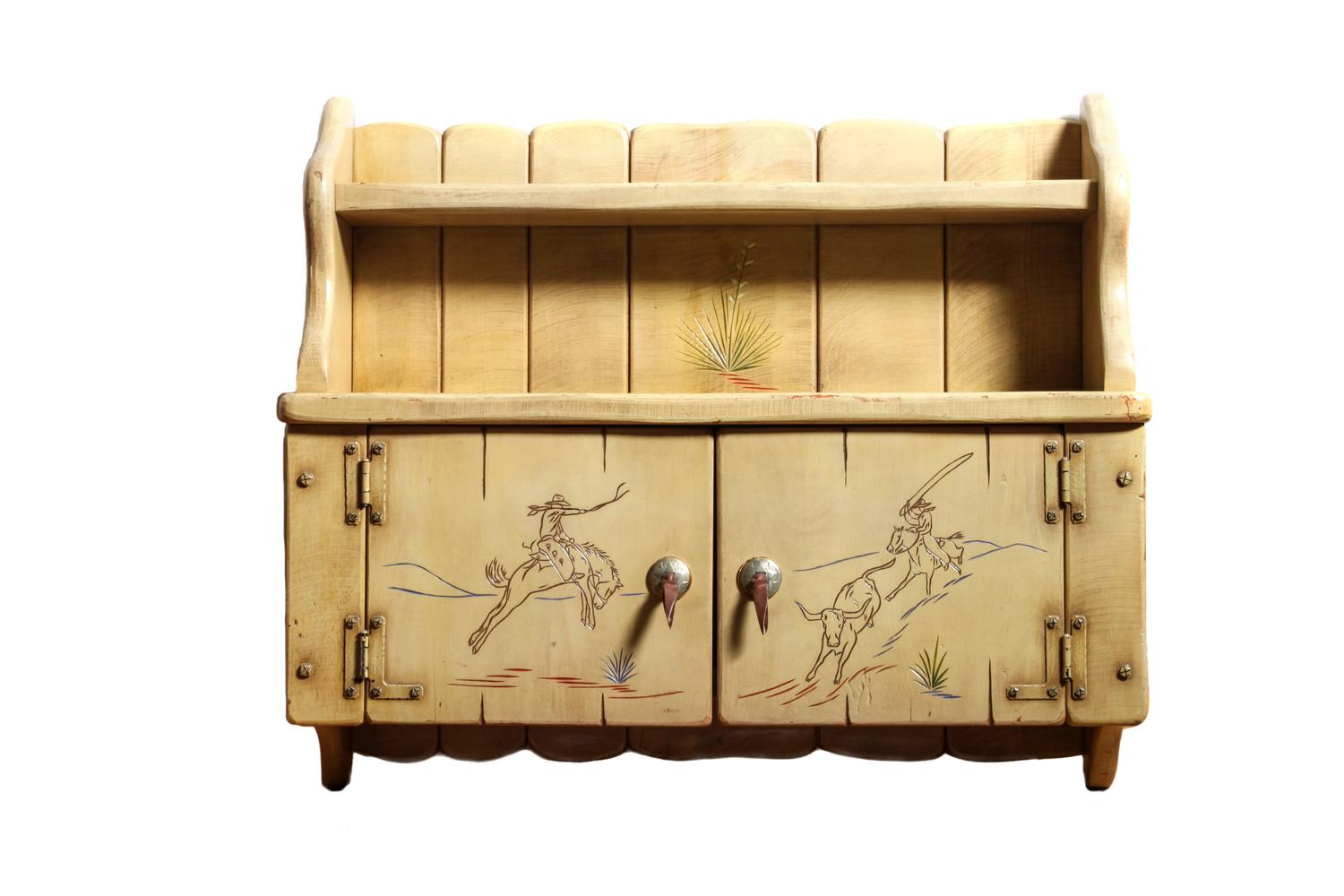 Western Wall Mounted Painted Yellow Cabinet, Western Frontier Furniture by Paul Hathaway Height 27 x width 31 1/2 x depth 8 1/2 inches