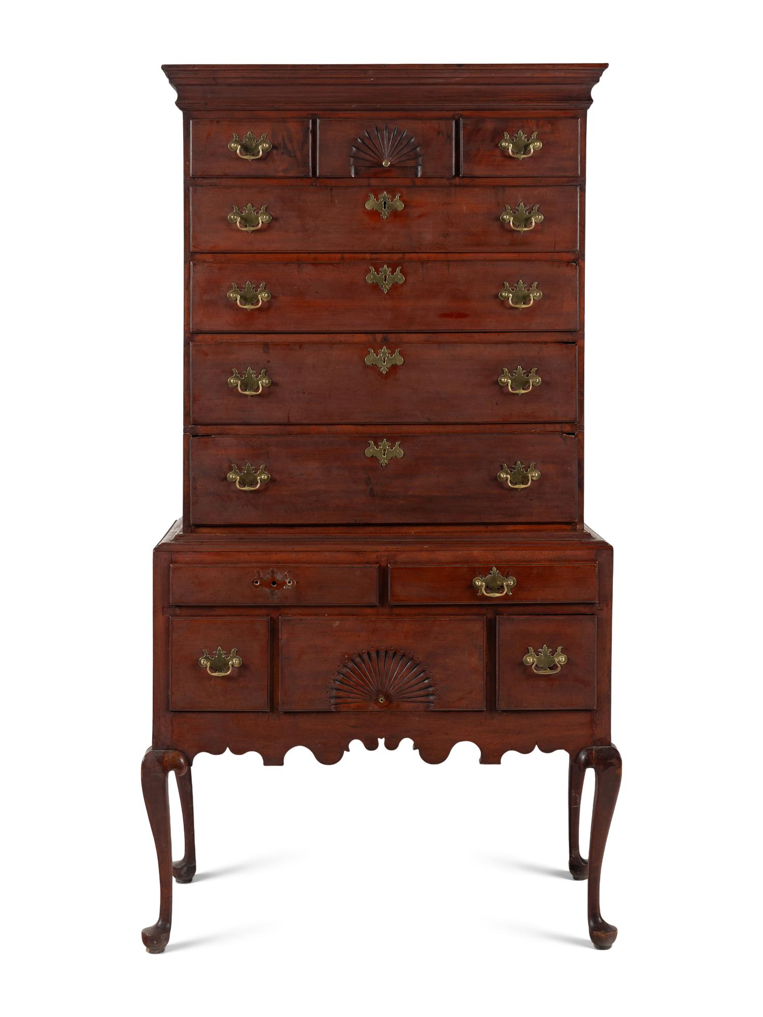 A Queen Anne Fan-Carved Cherrywood Flat-Top High Chest