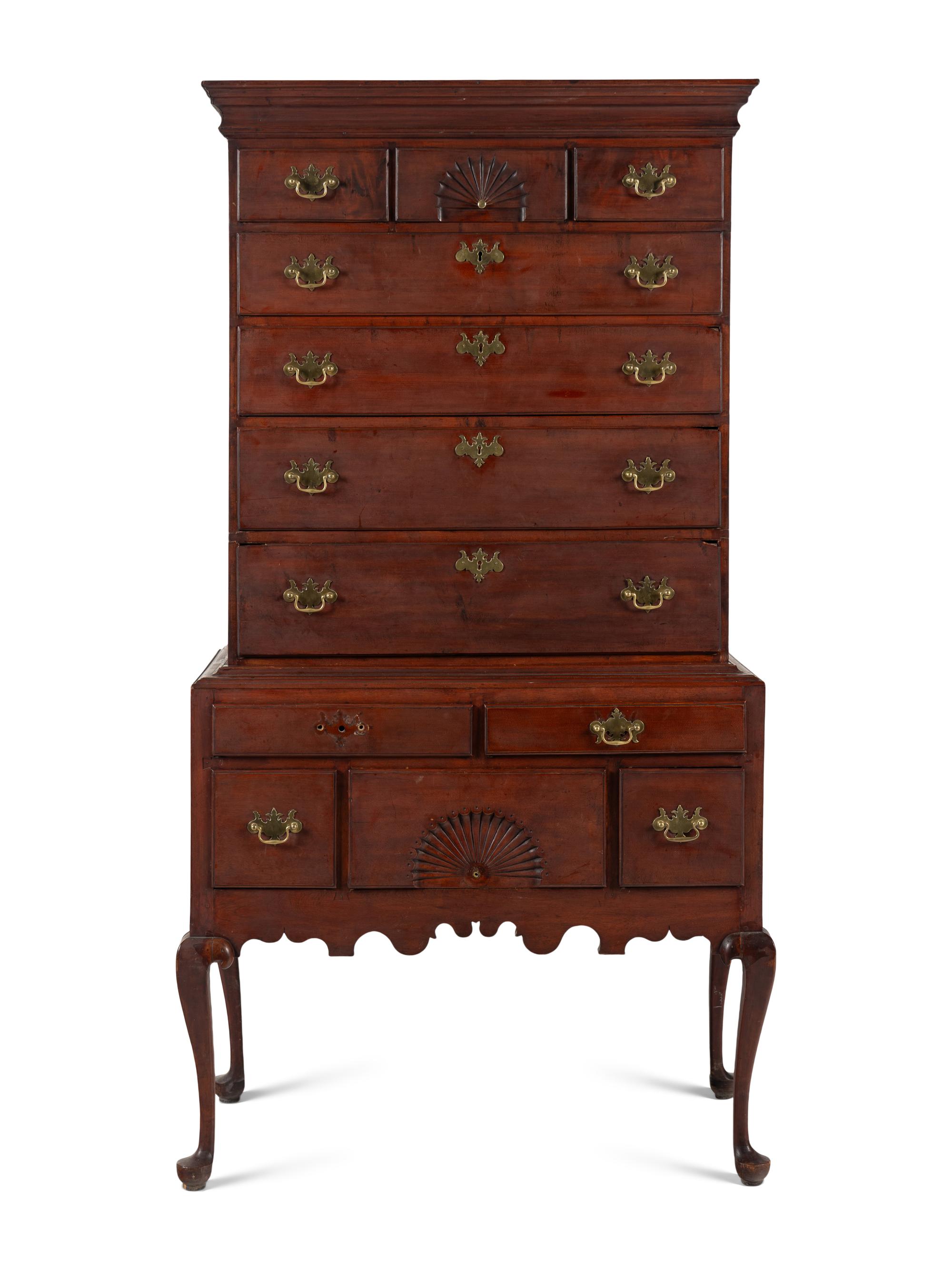 A Queen Anne Fan-Carved Cherrywood Flat-Top High Chest