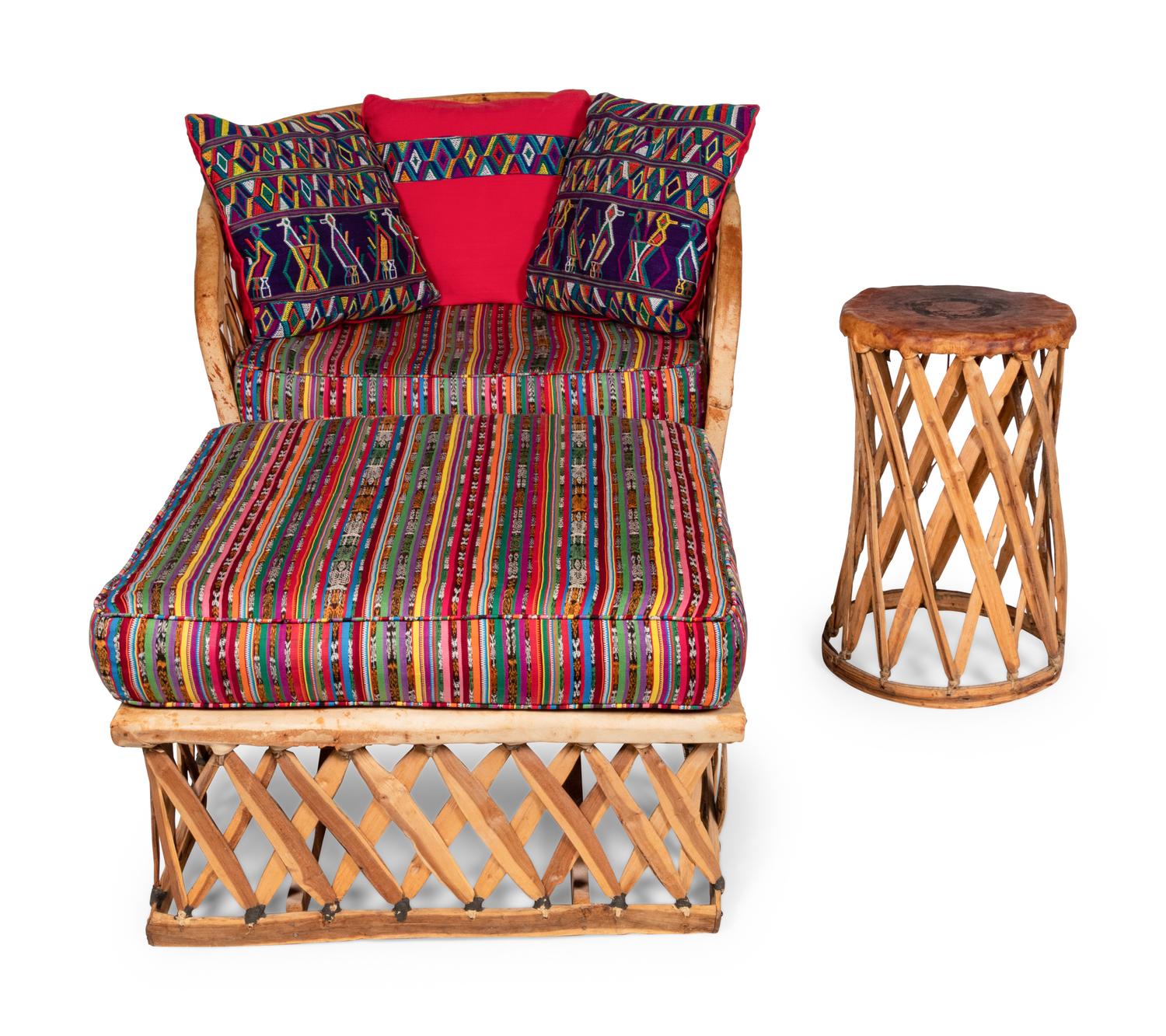 A Mexican Equipale Lounge Chair, Ottoman and Side Table