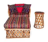 A Mexican Equipale Lounge Chair, Ottoman and Side Table