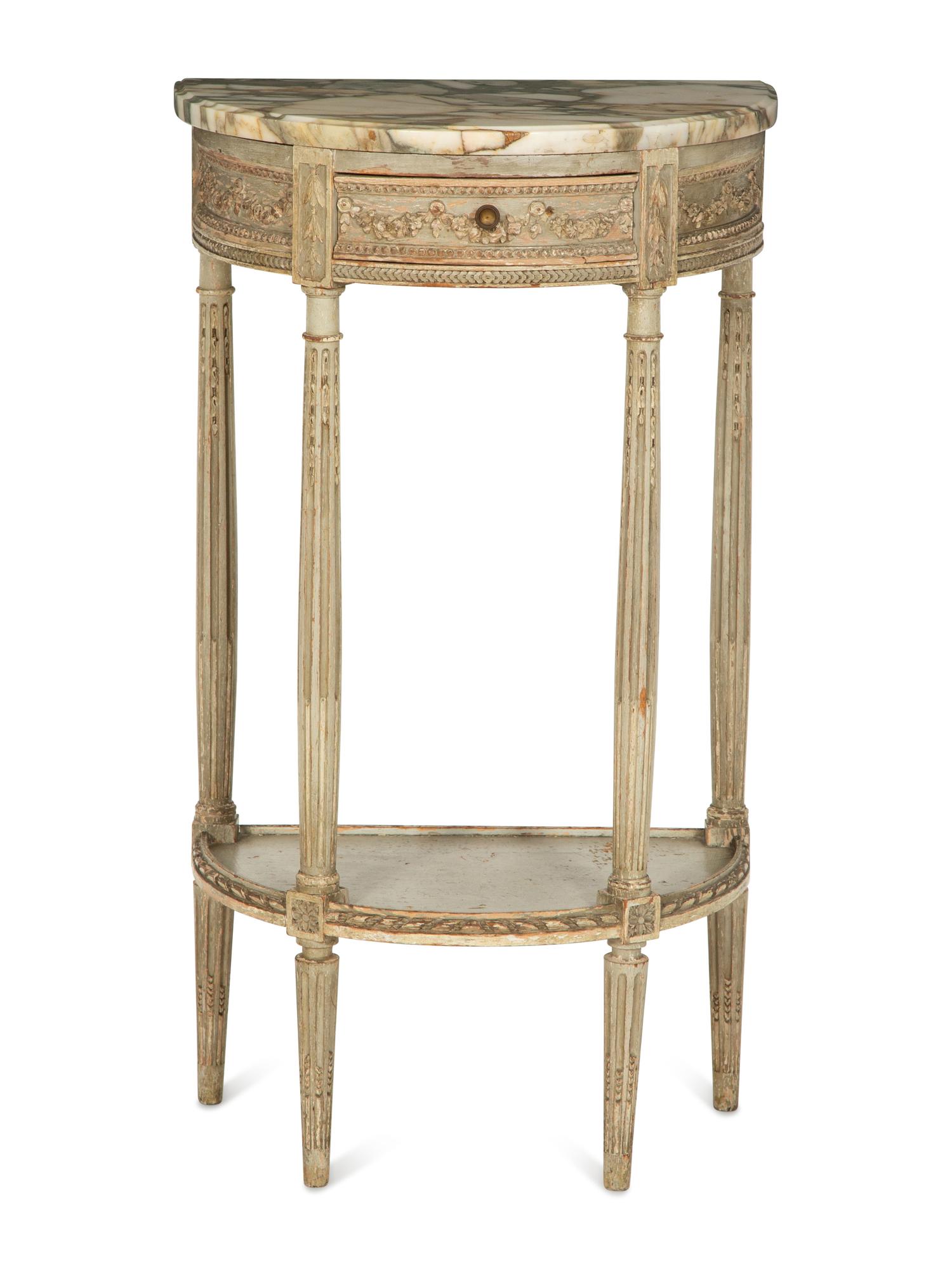 A Louis XVI Style Grey-Painted Demilune Marble-Top Console Table