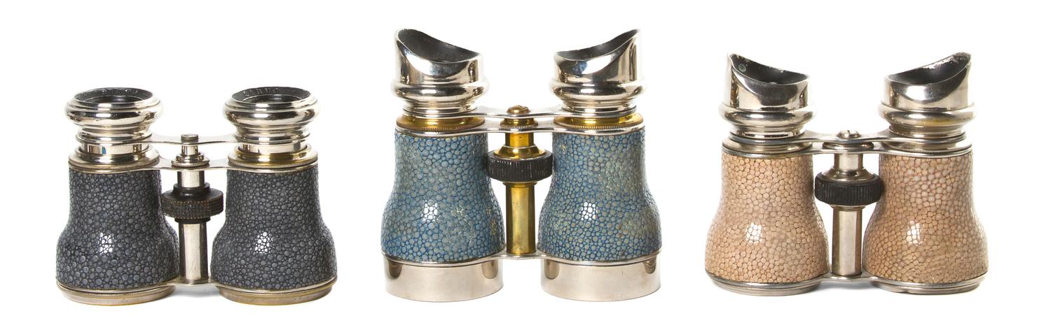 Three Pairs of French Shagreen Veneered Opera Glasses, Width of widest 4 1/2 inches.