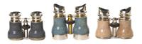 Three Pairs of French Shagreen Veneered Opera Glasses, Width of widest 4 1/2 inches.