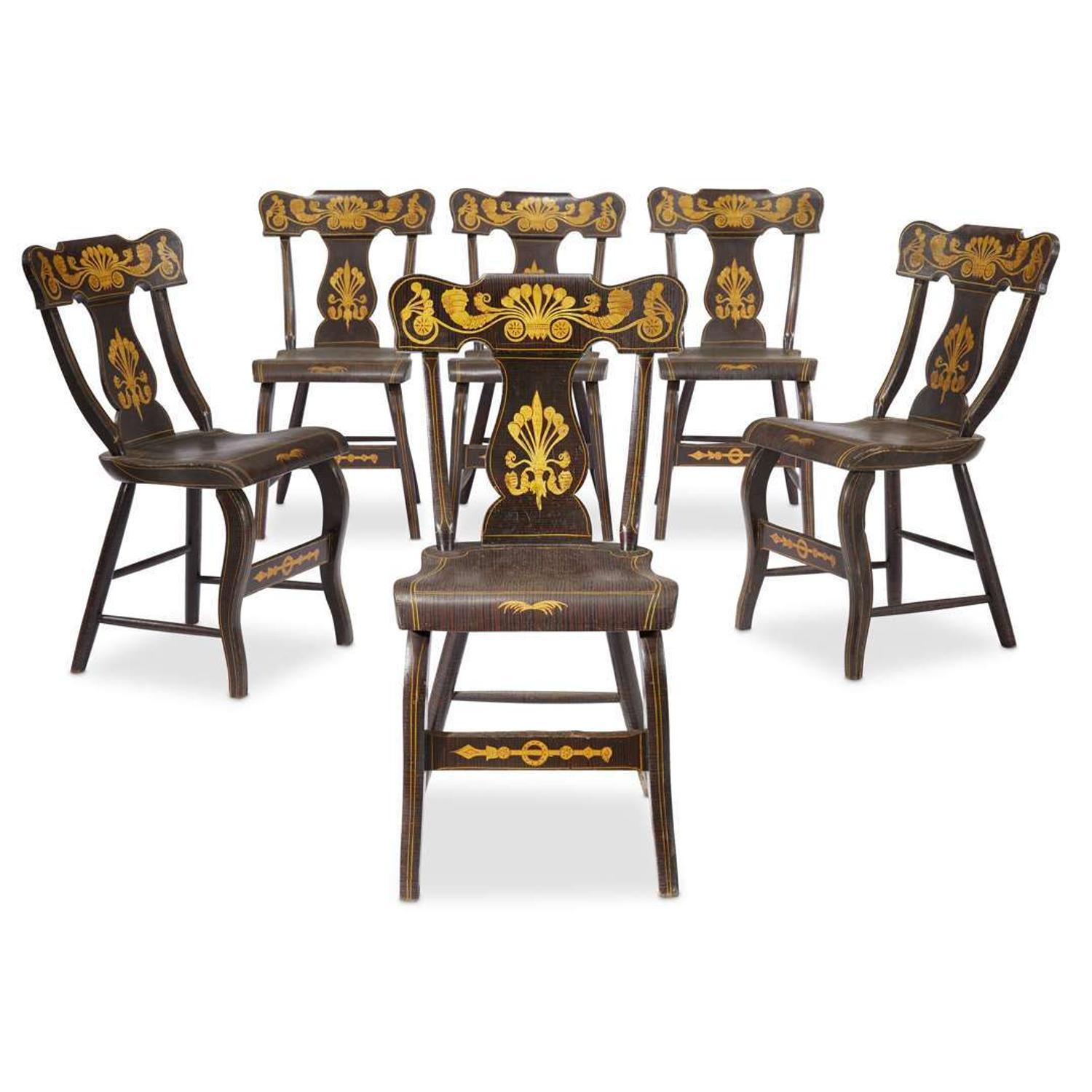 Set of six grain-painted and stencil-decorated fancy chairs Mid-Atlantic States, circa 1830